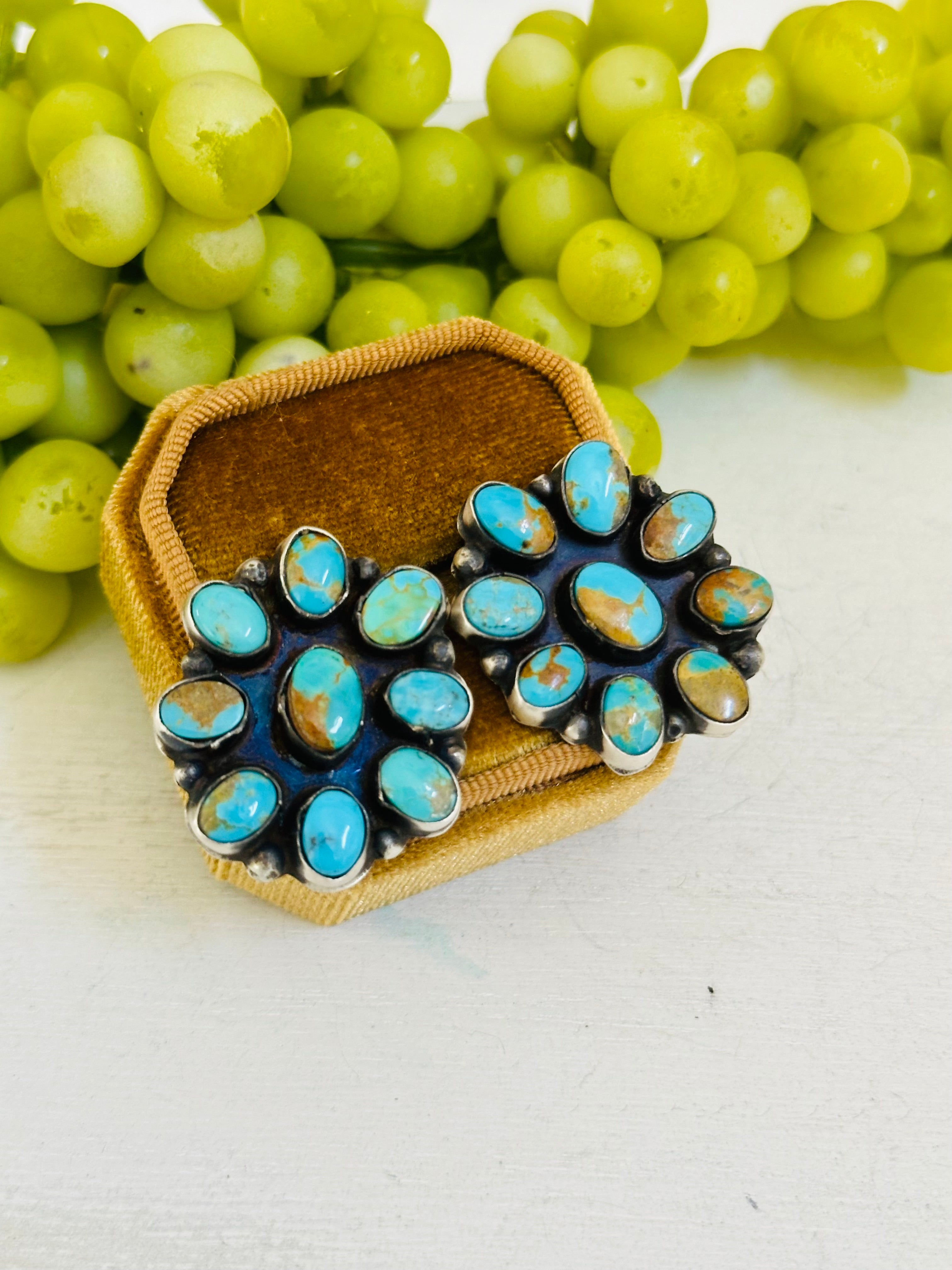 Navajo Handmade Royston Turquoise & Sterling Silver Post Cluster Earrings