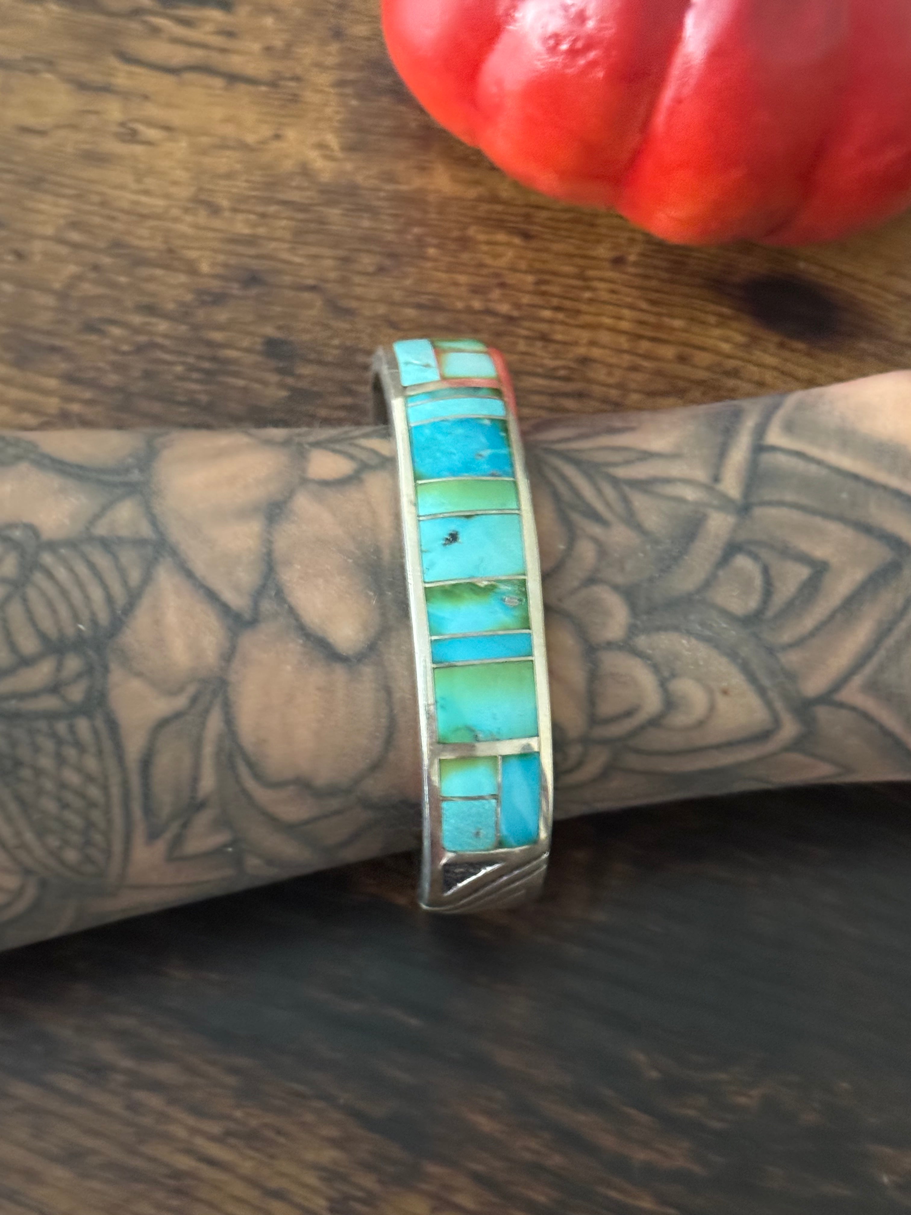 Navajo Made Natural Sonoran Mountain Turquoise & Sterling Silver Inlay Cuff Bracelet