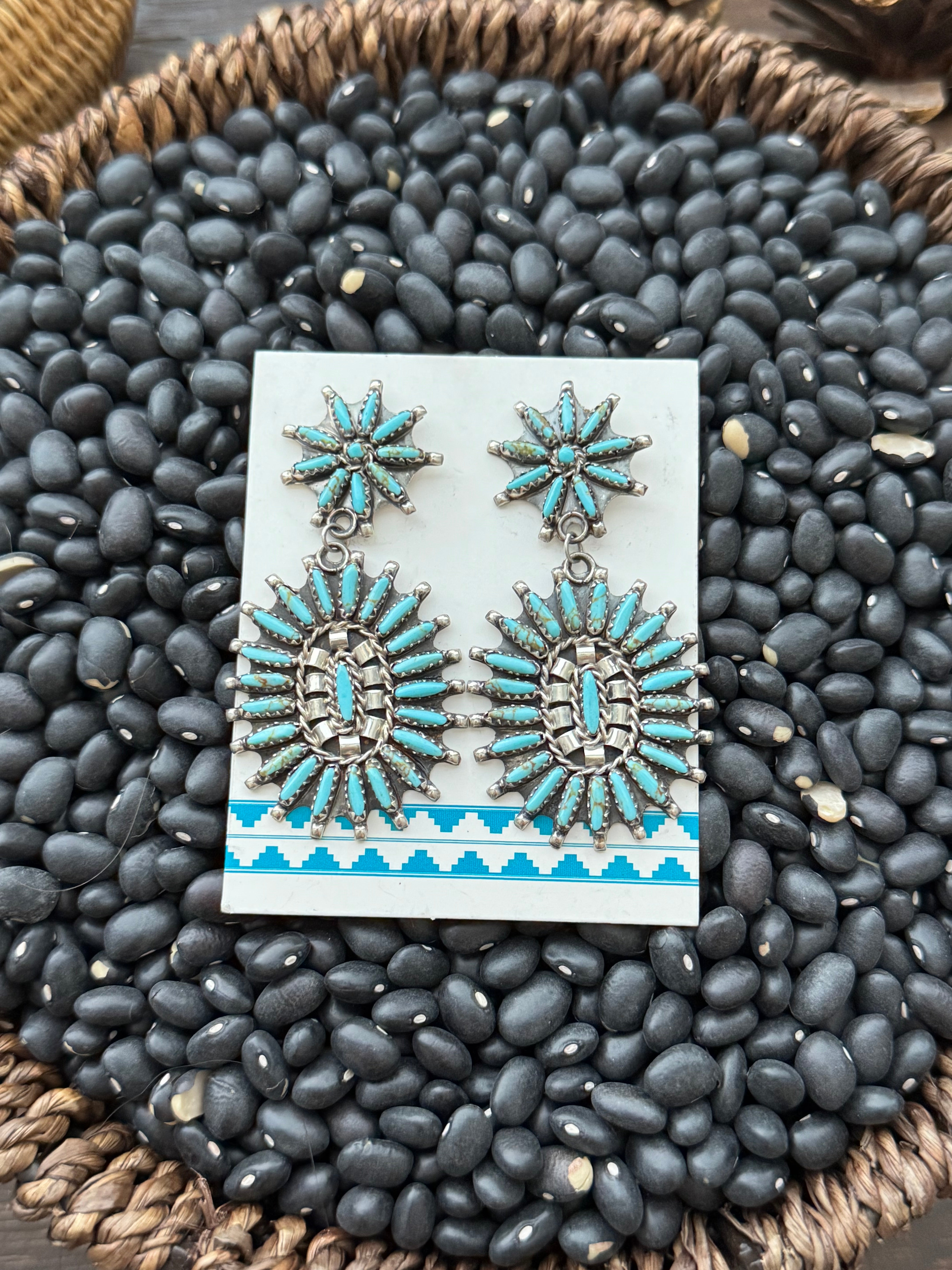 Leander Nez Kingman Turquoise & Sterling Silver Needlepoint Post Dangle Earrings