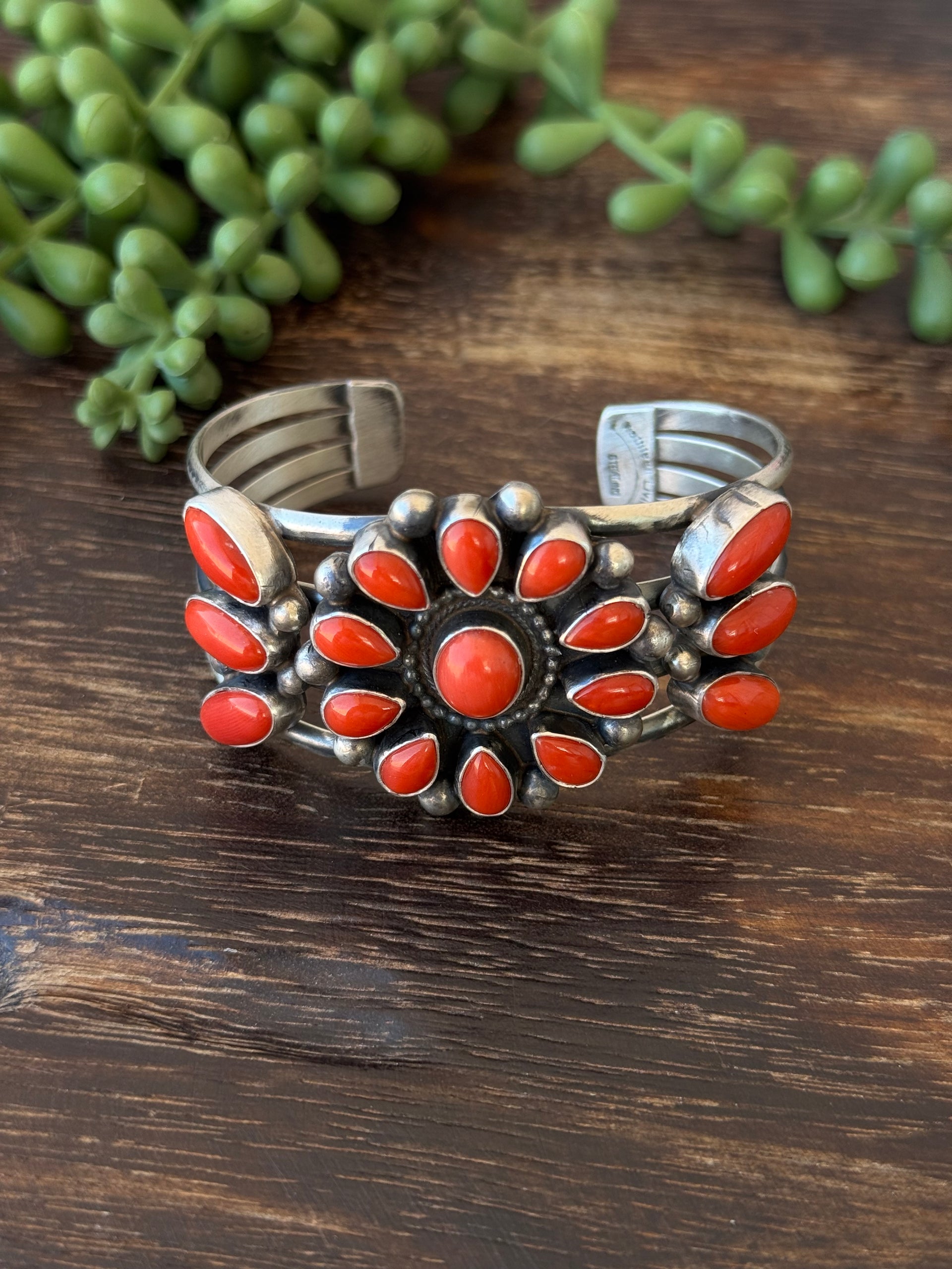Kathleen Livingston Natural Coral & Sterling Silver Cluster Cuff Bracelet