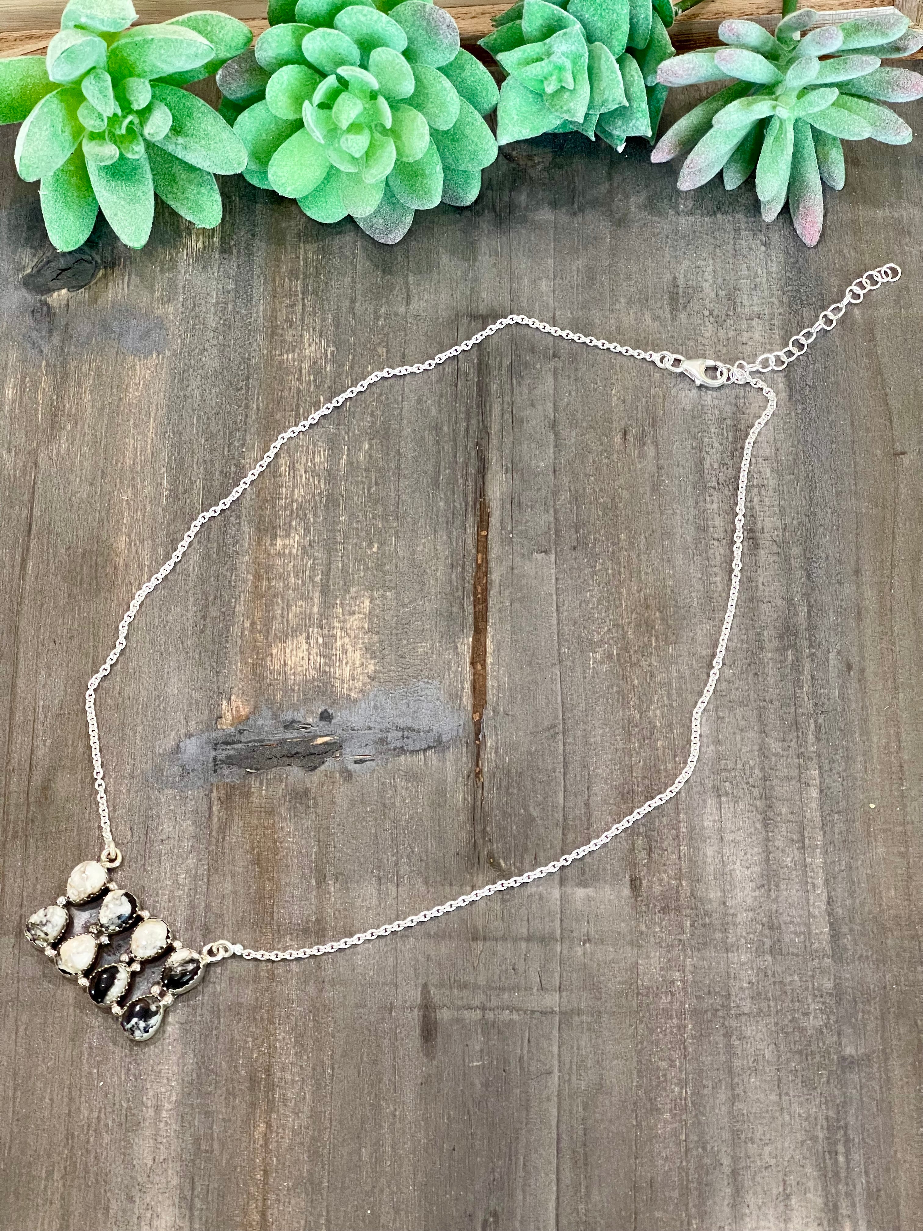 Southwest Handmade White Buffalo & Sterling Silver Cluster Bar Necklace