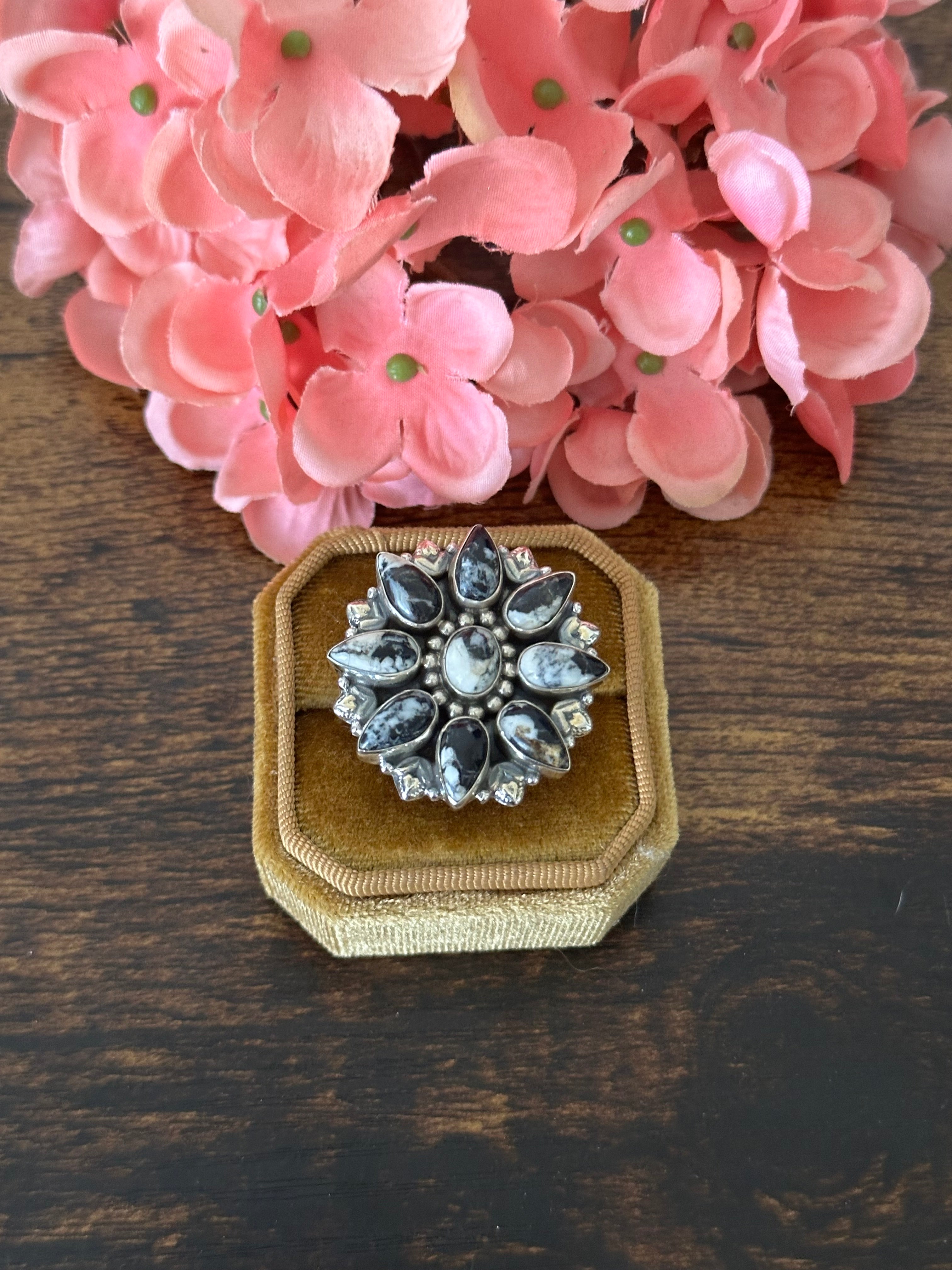 Southwest Handmade White Buffalo & Sterling Silver Cluster Adjustable Ring