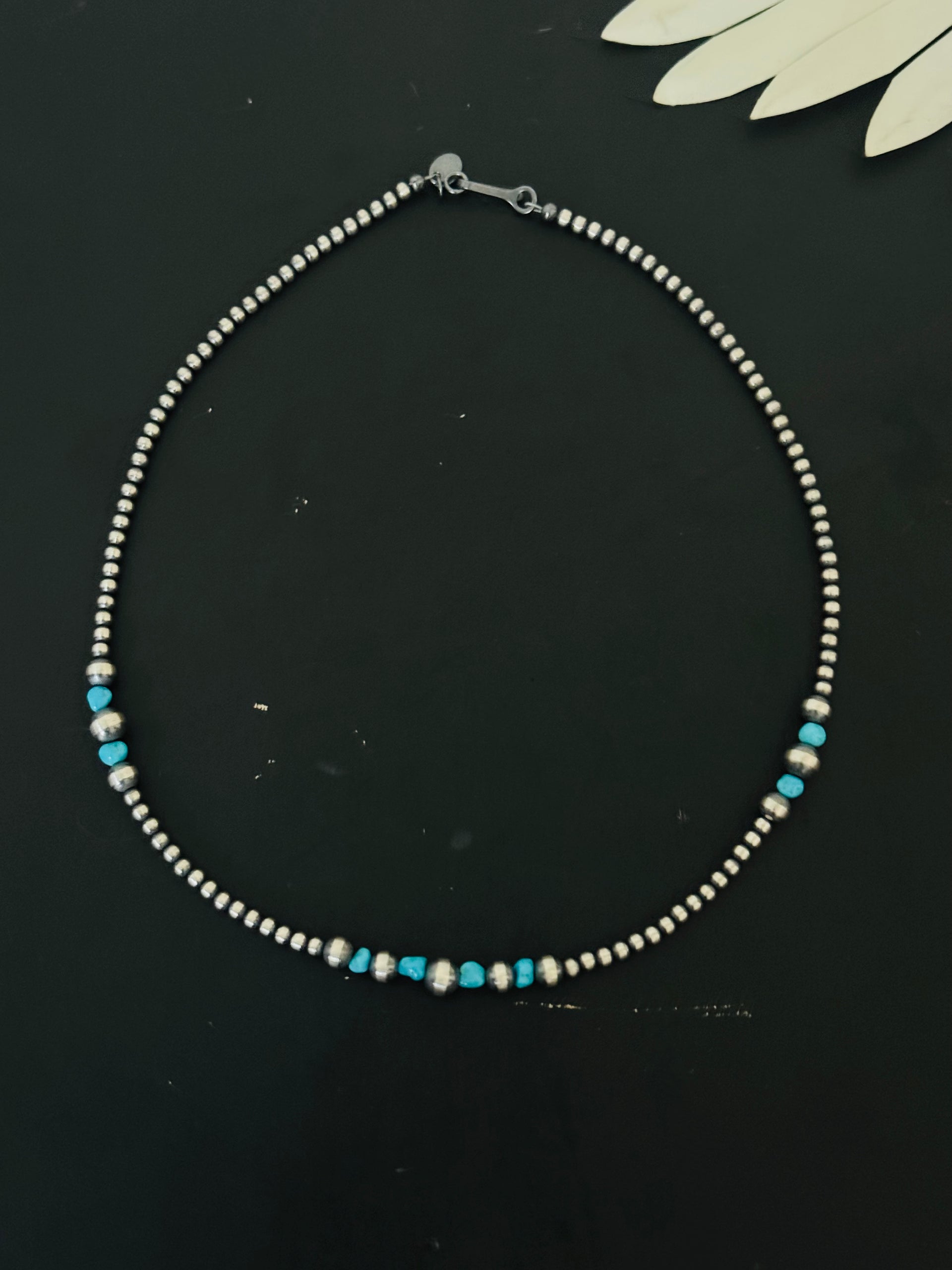 Navajo Strung Kingman Turquoise & Sterling Silver Graduated Beaded Pearl Necklace