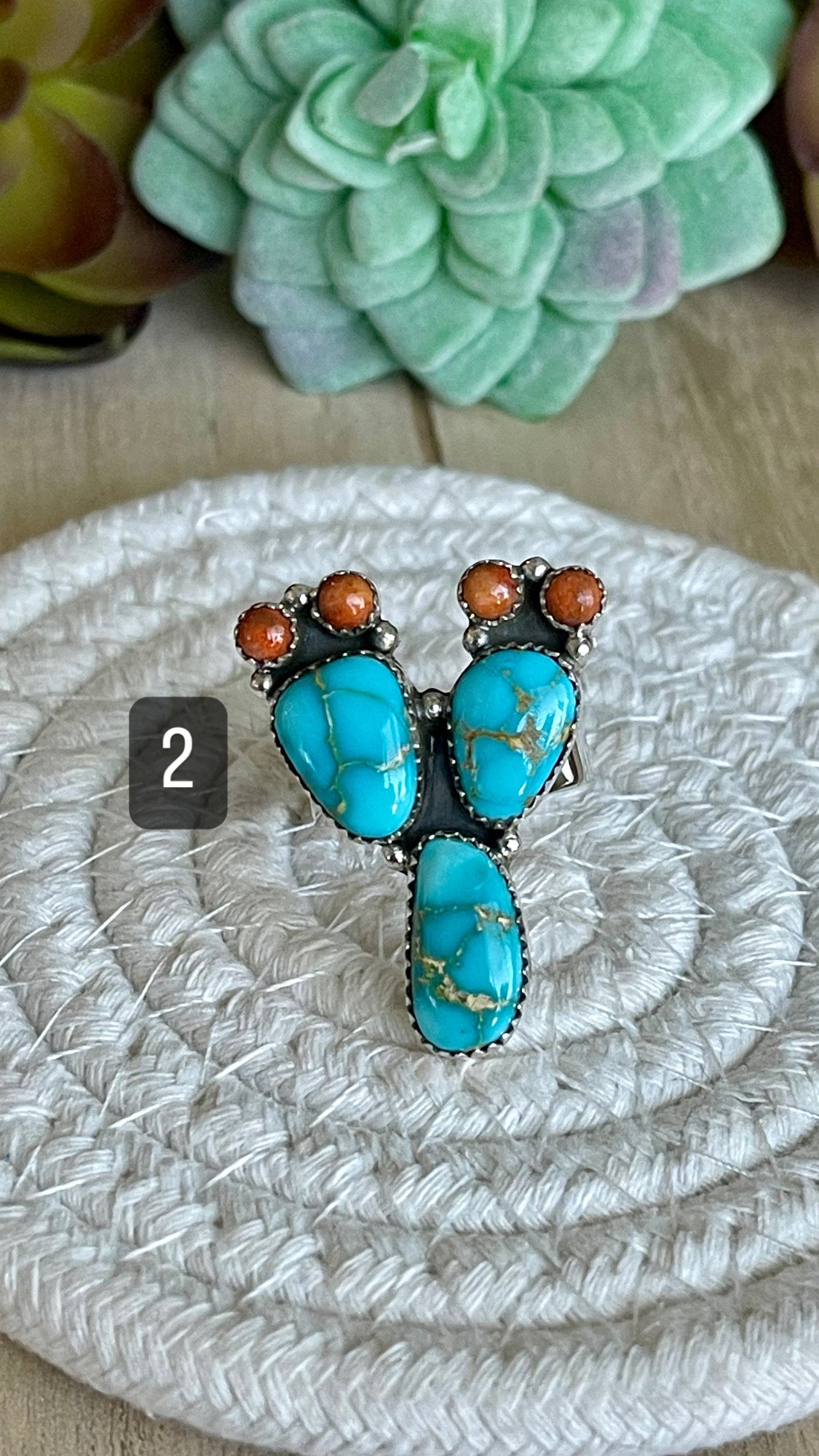 Southwest Handmade Sonoran Mountain Turquoise & Sterling Silver Adjustable Prickly Pear Ring