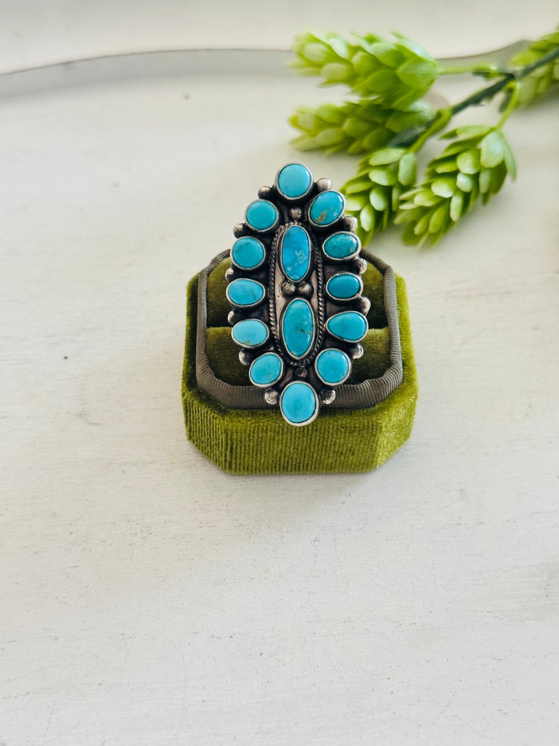 Navajo Made Kingman Turquoise & Sterling Silver Cluster Ring Size 8.5