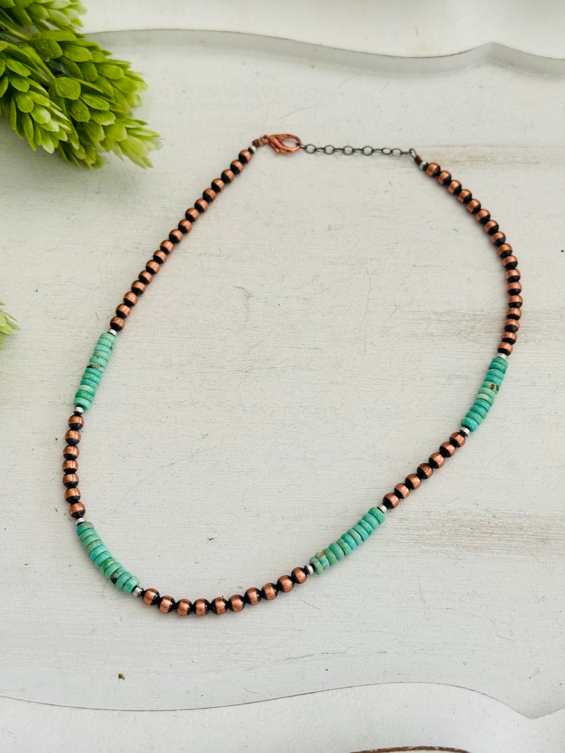 Navajo Strung Kingman Turquoise & Copper Pearls Beaded Necklace