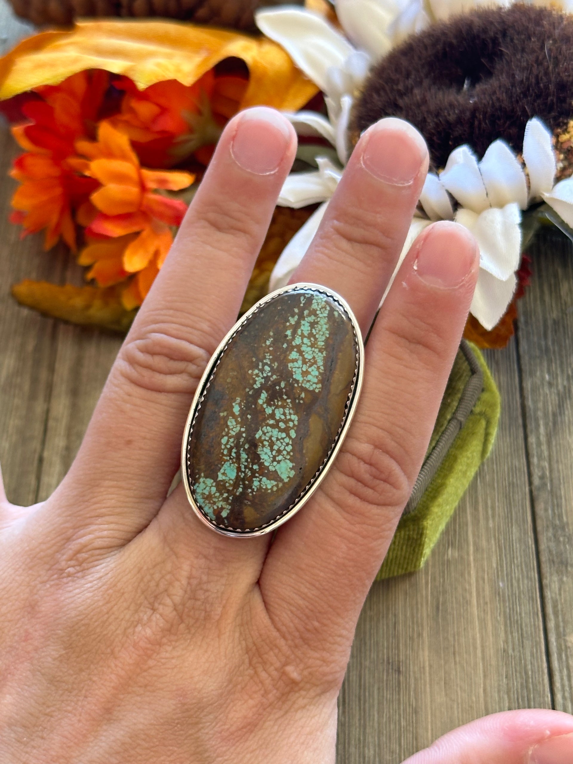 Southwest Handmade #8 Turquoise & Sterling Silver Adjustable Ring