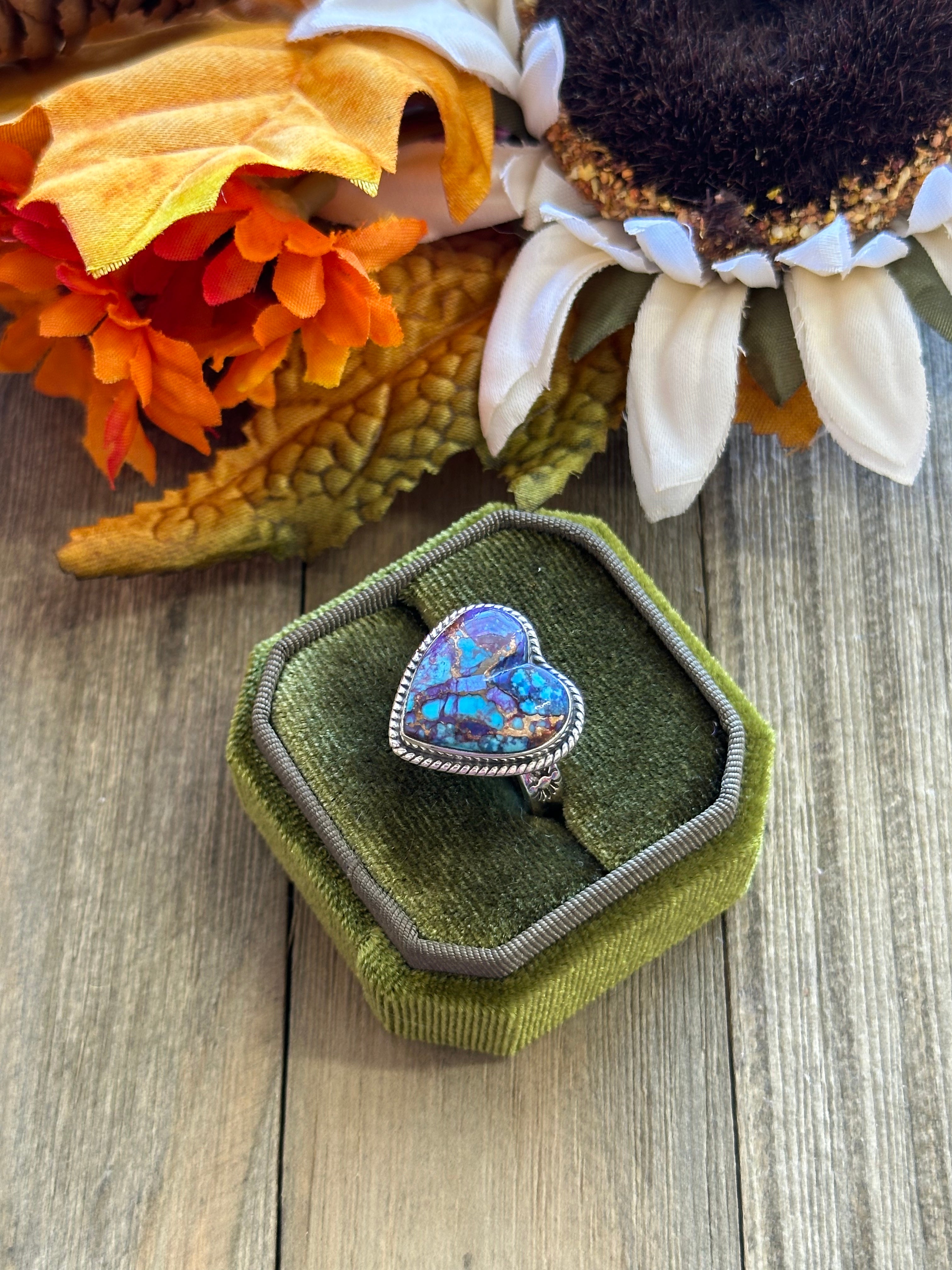 Southwest Handmade Mohave Turquoise & Sterling Silver Adjustable Heart Ring