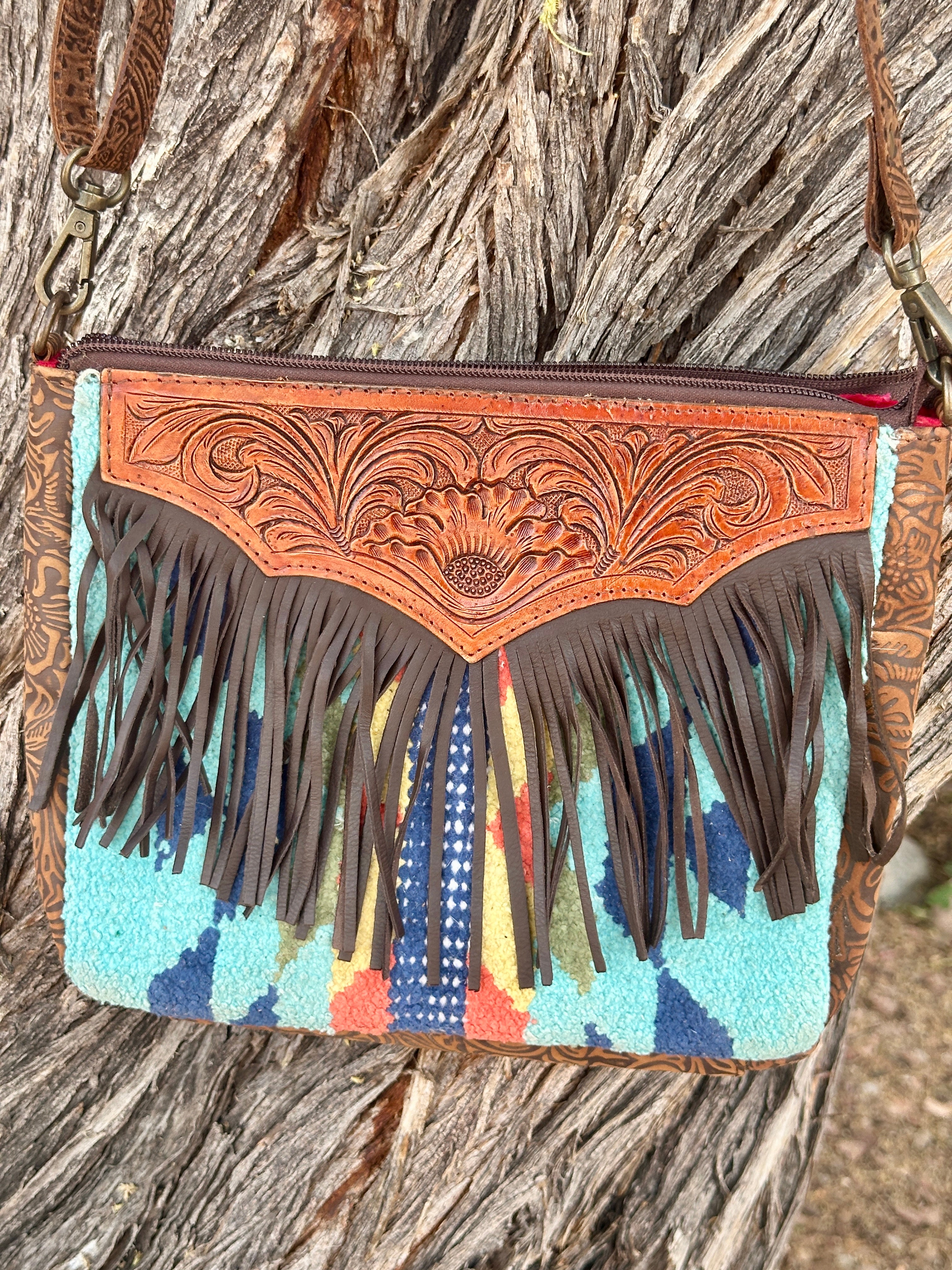 Genuine Tooled Leather & Hand Woven Fringe Purse