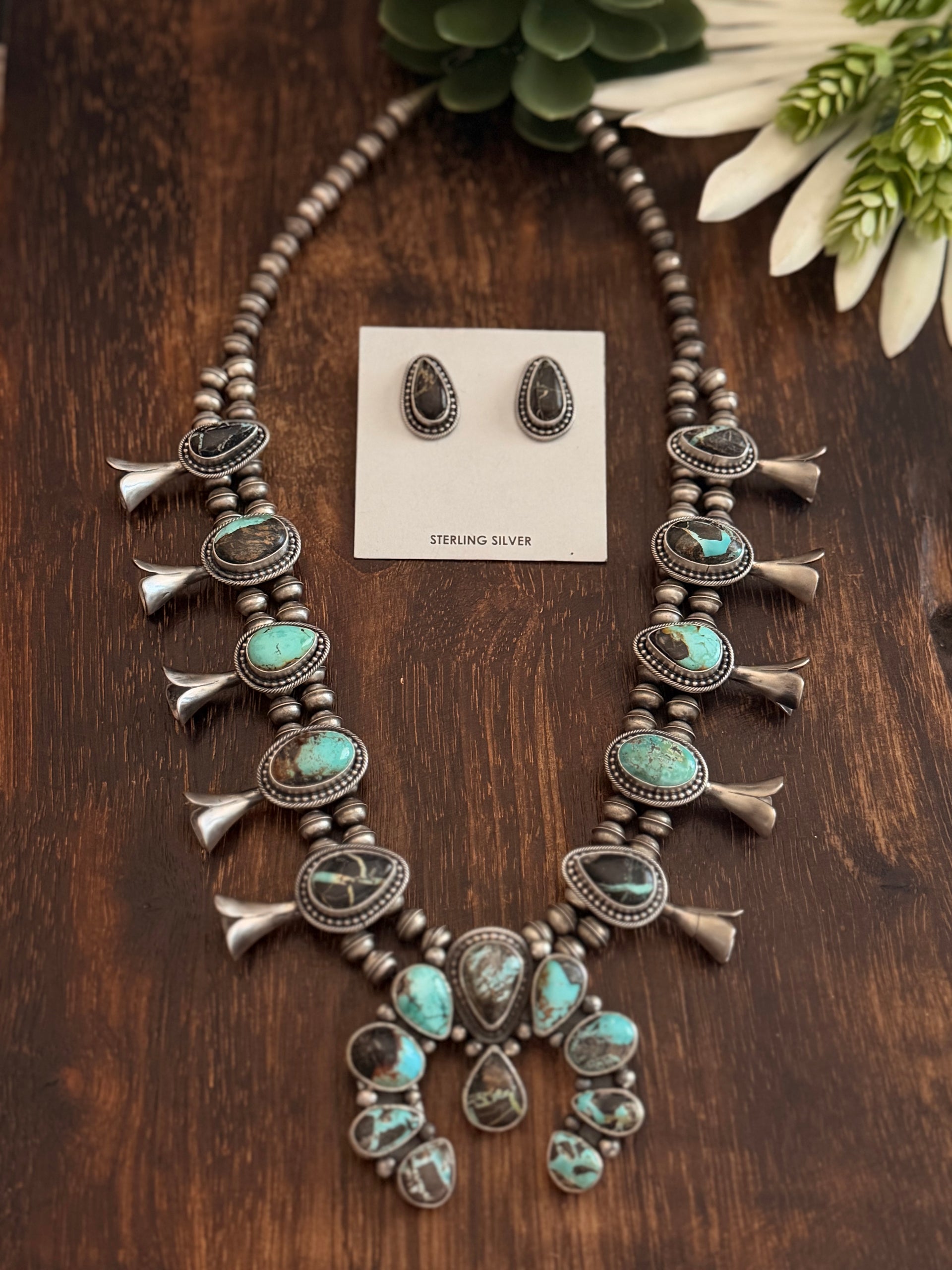Eli Skeets Black Jack Turquoise & Sterling Silver Squash Blossom Necklace Set
