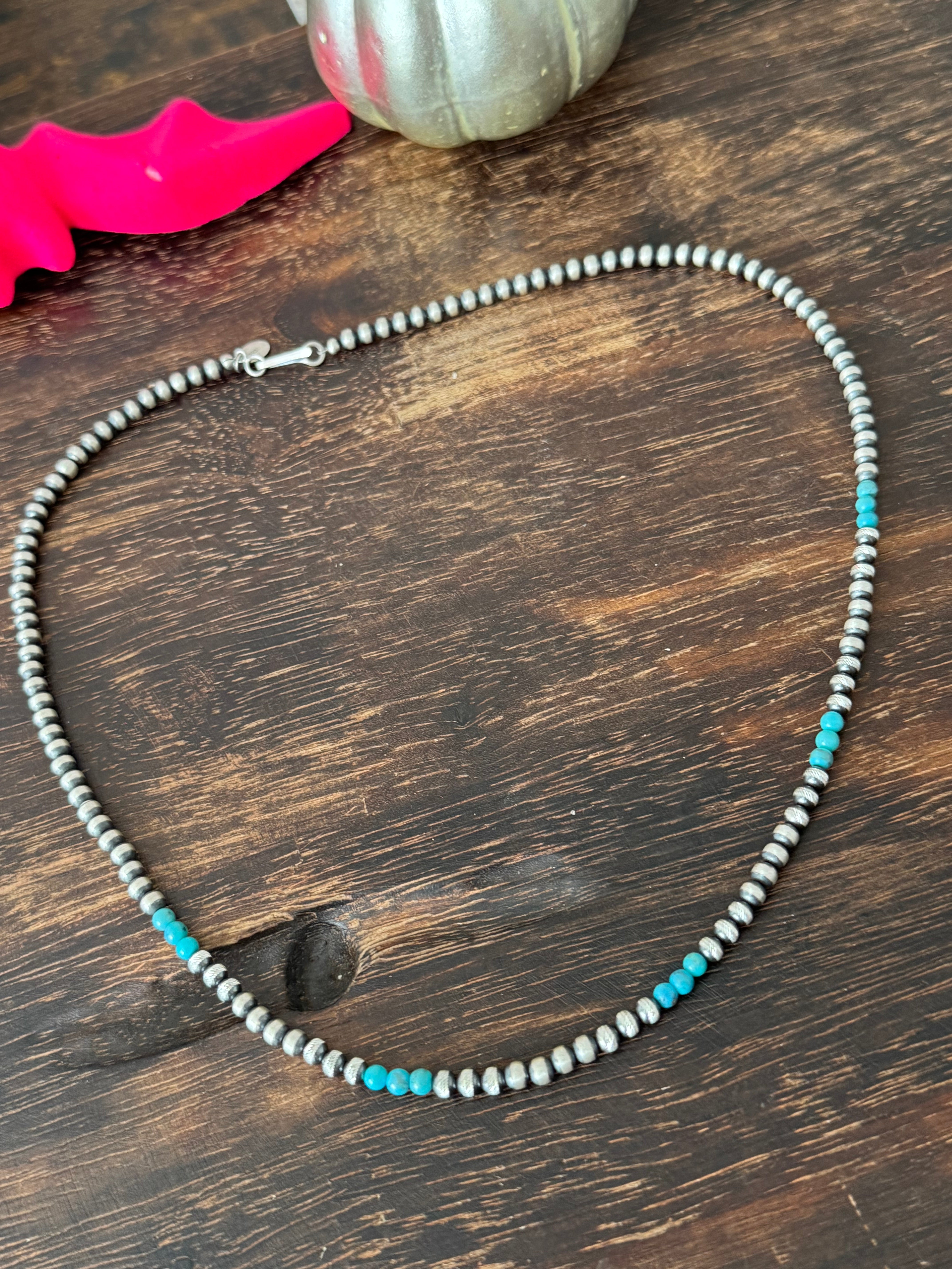 Navajo Strung Egyptian Turquoise & Sterling Silver 4MM Beaded Necklace