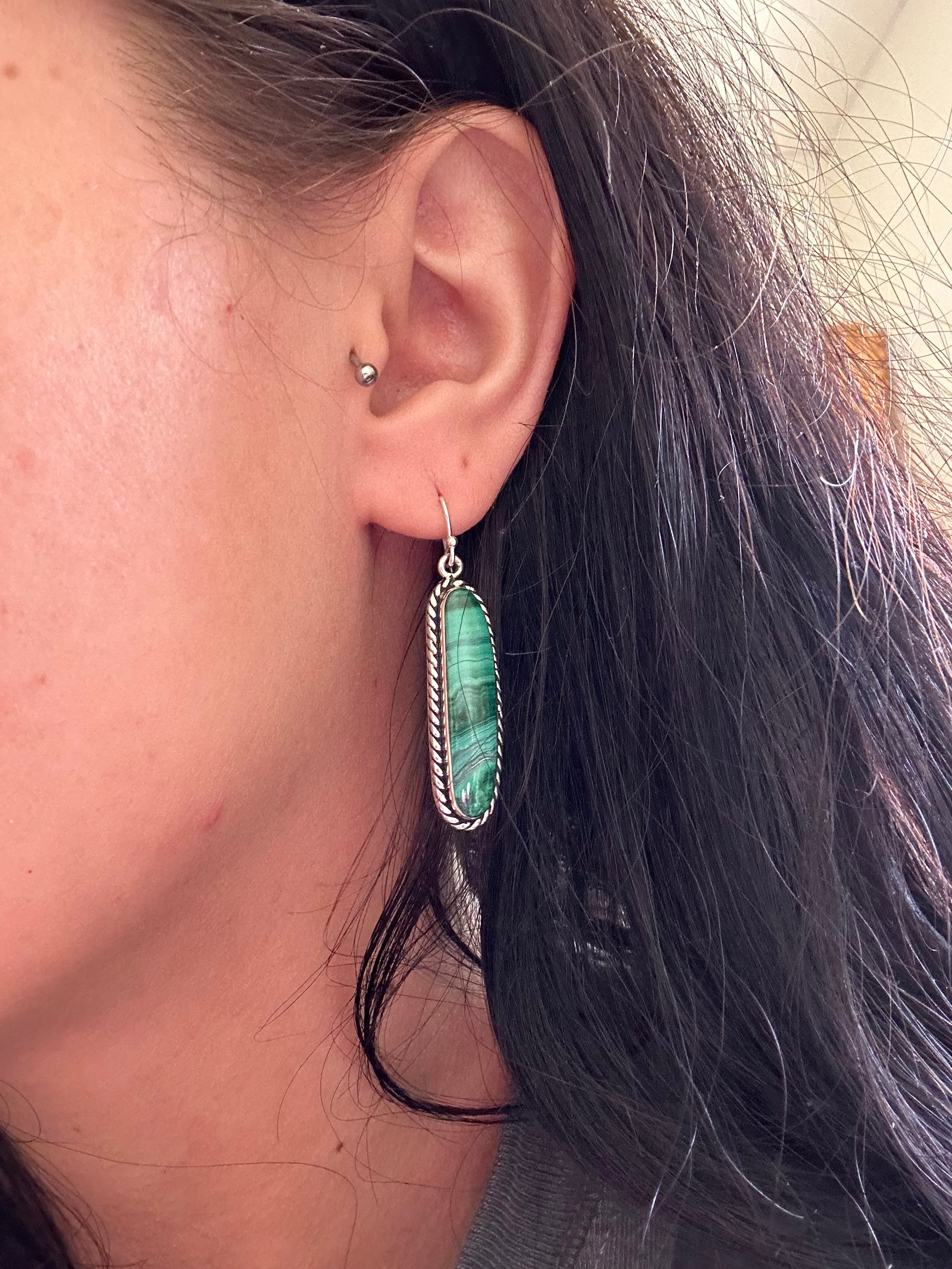 Navajo Handmade Malachite & Sterling Silver Dangle Earrings