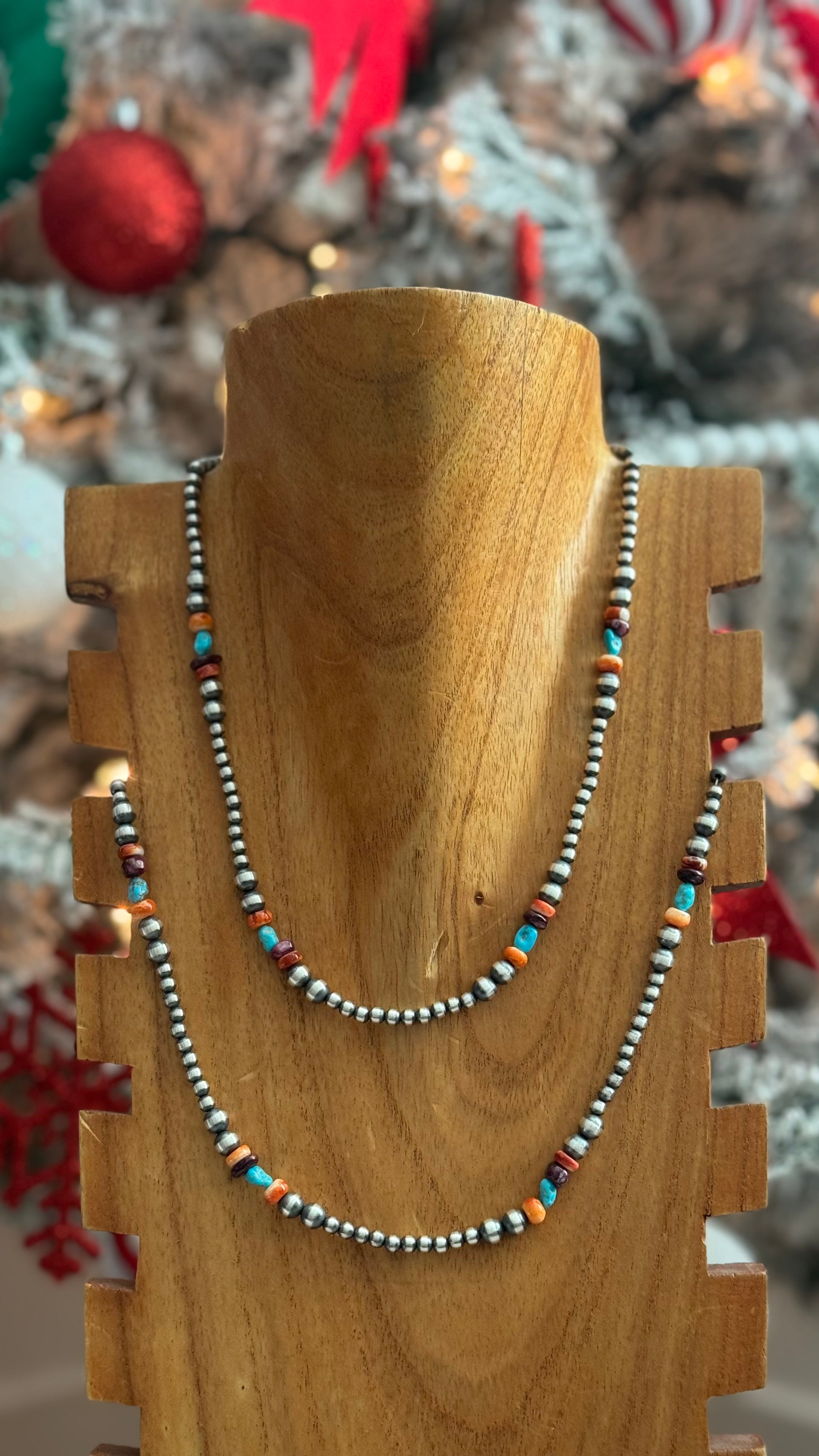 Navajo Strung Multi Stone & Sterling Silver Graduated Pearl Necklace