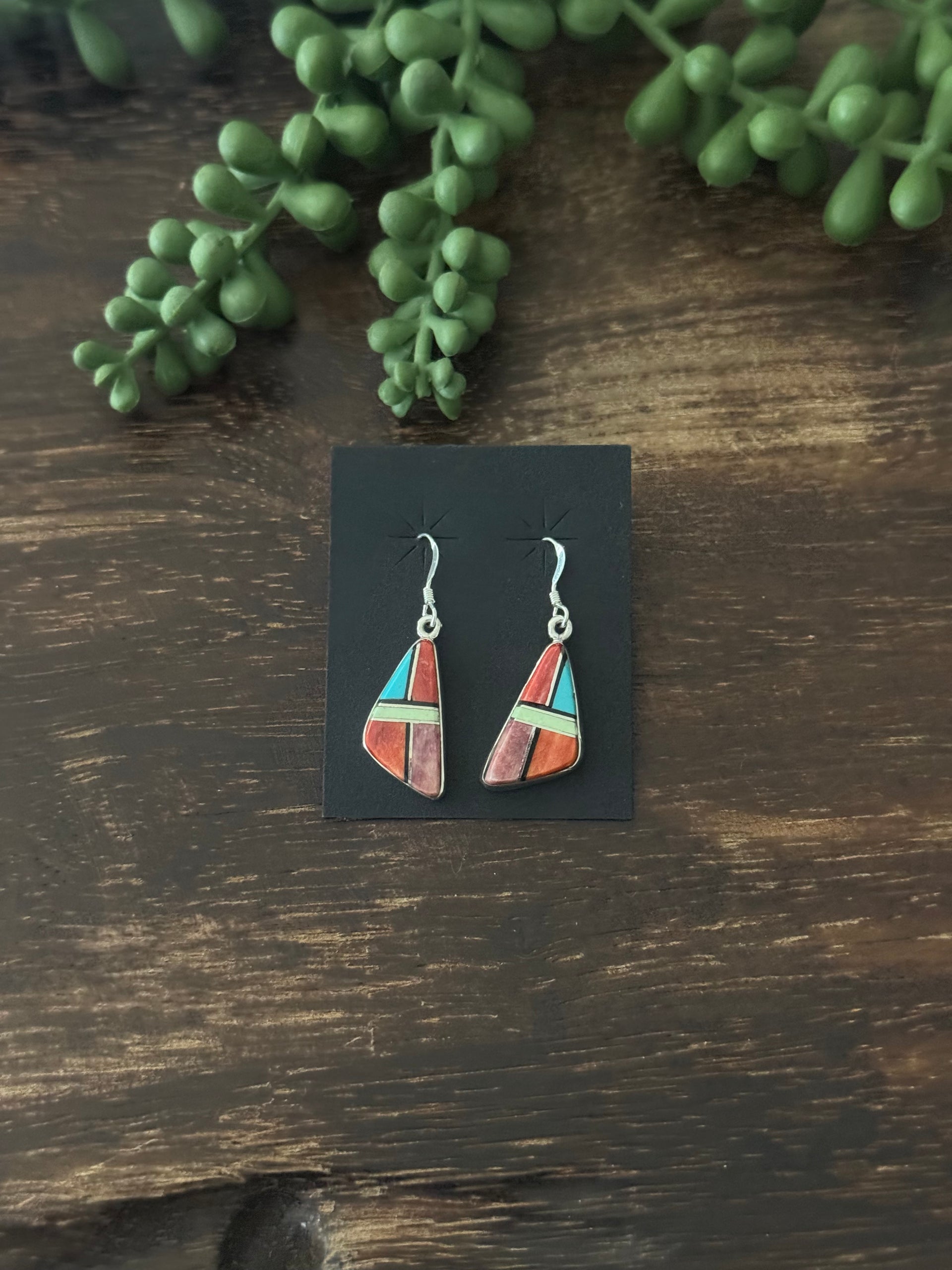 Navajo Made Multi Stone & Sterling Silver Inlay Dangle Earrings