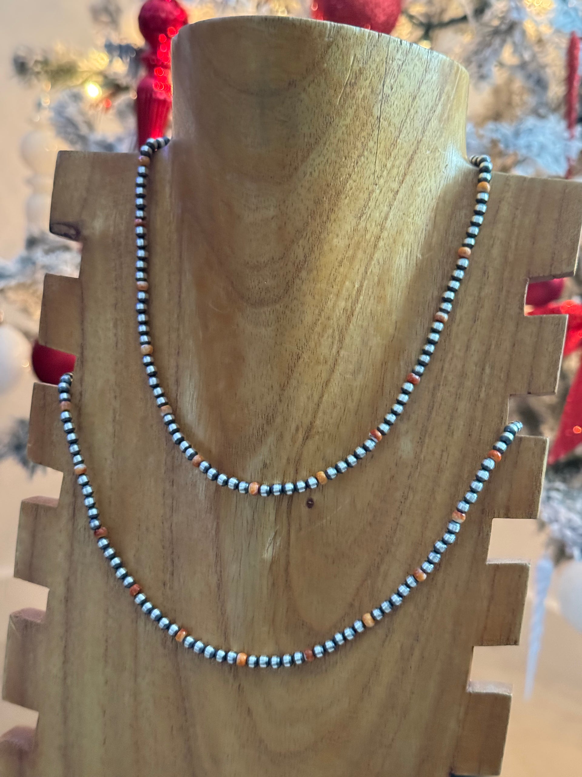 Navajo Strung Red/Orange Spiny Oyster & Sterling Silver Pearl Necklace