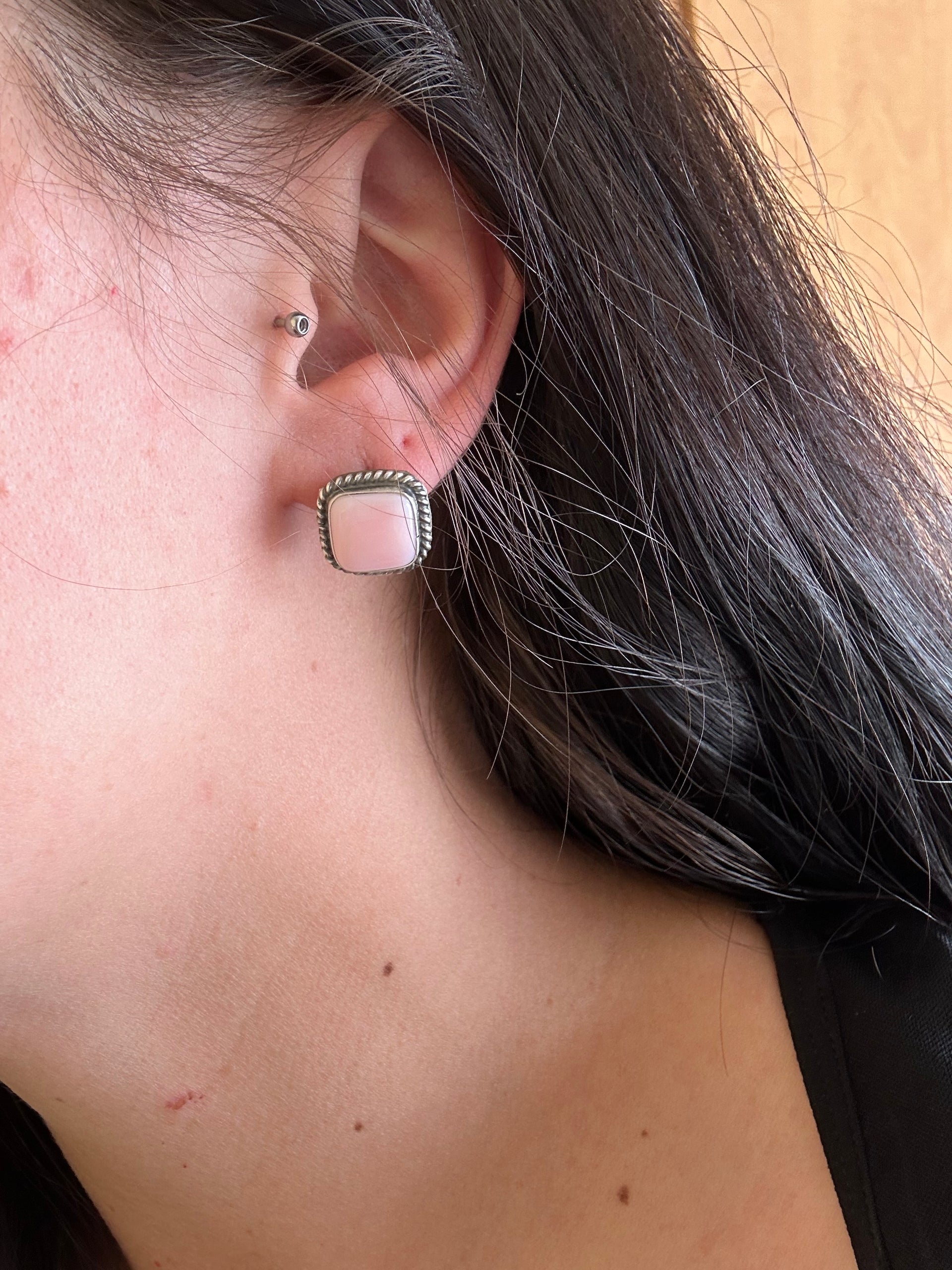 Navajo Made Pink Conch & Sterling Silver Post Earrings