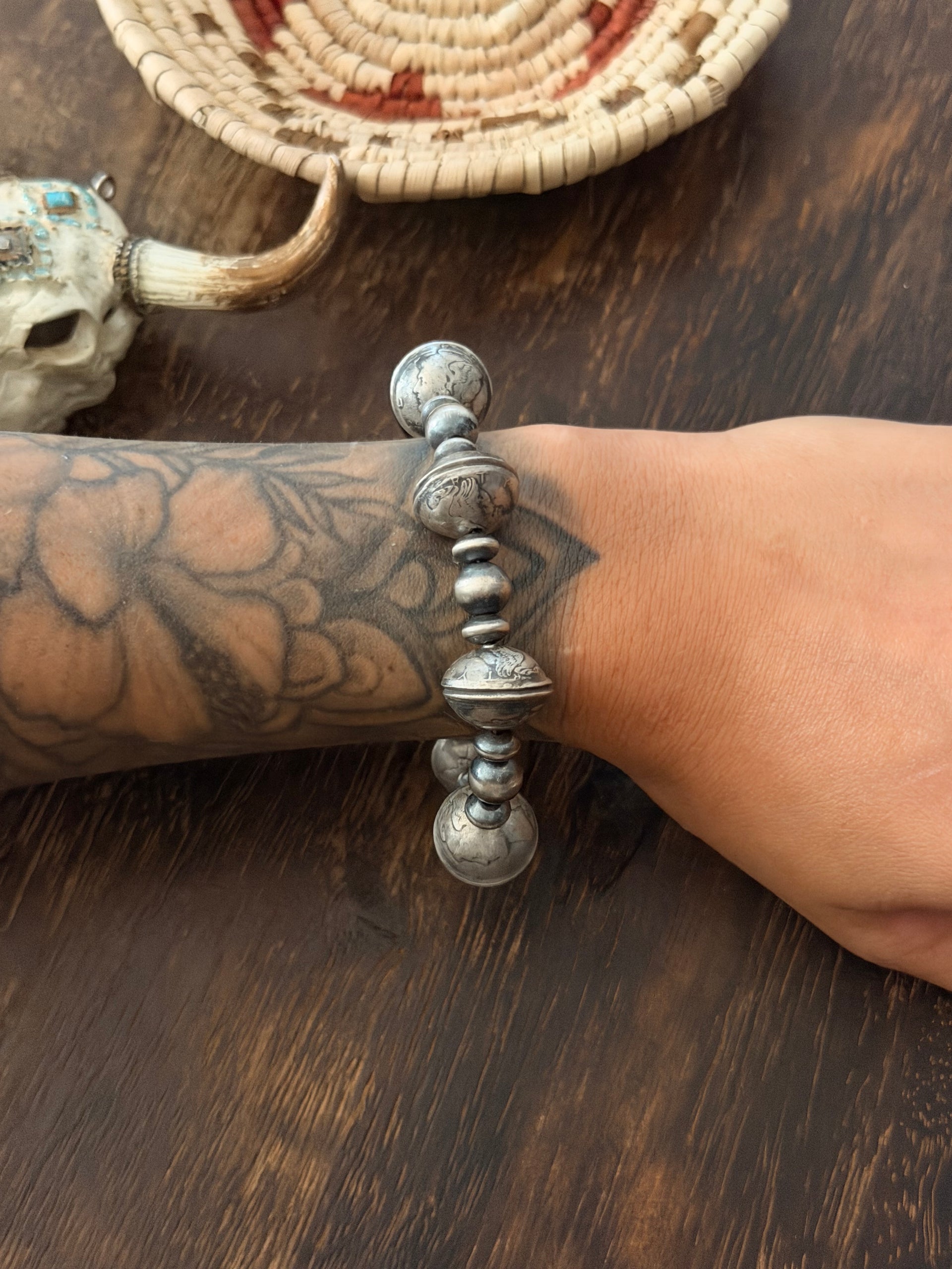 Navajo Strung Sterling Silver Liberty Dime Beaded Pearl Bracelet