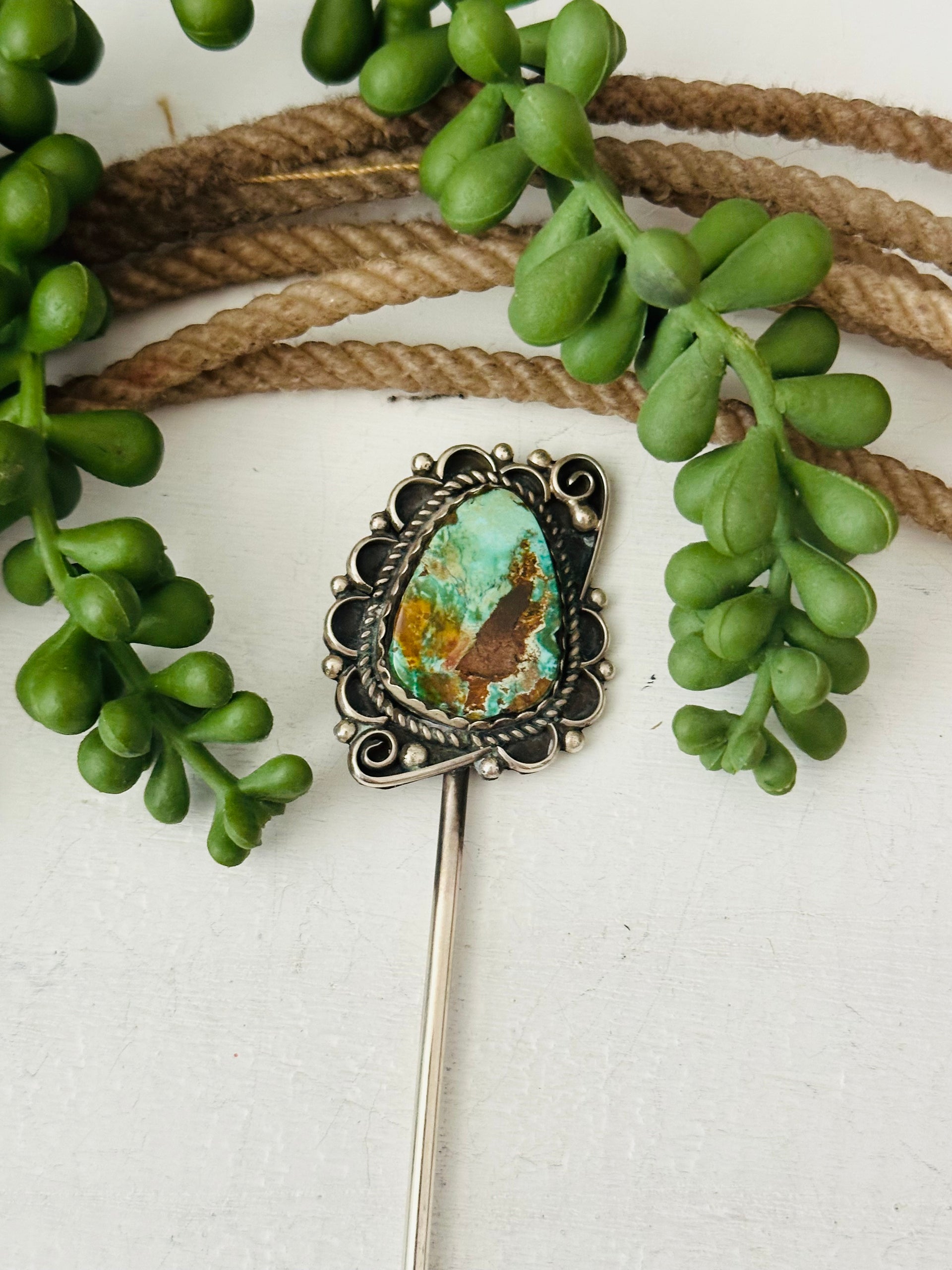 Navajo Handmade Royston Turquoise & Sterling Silver Hair Pin