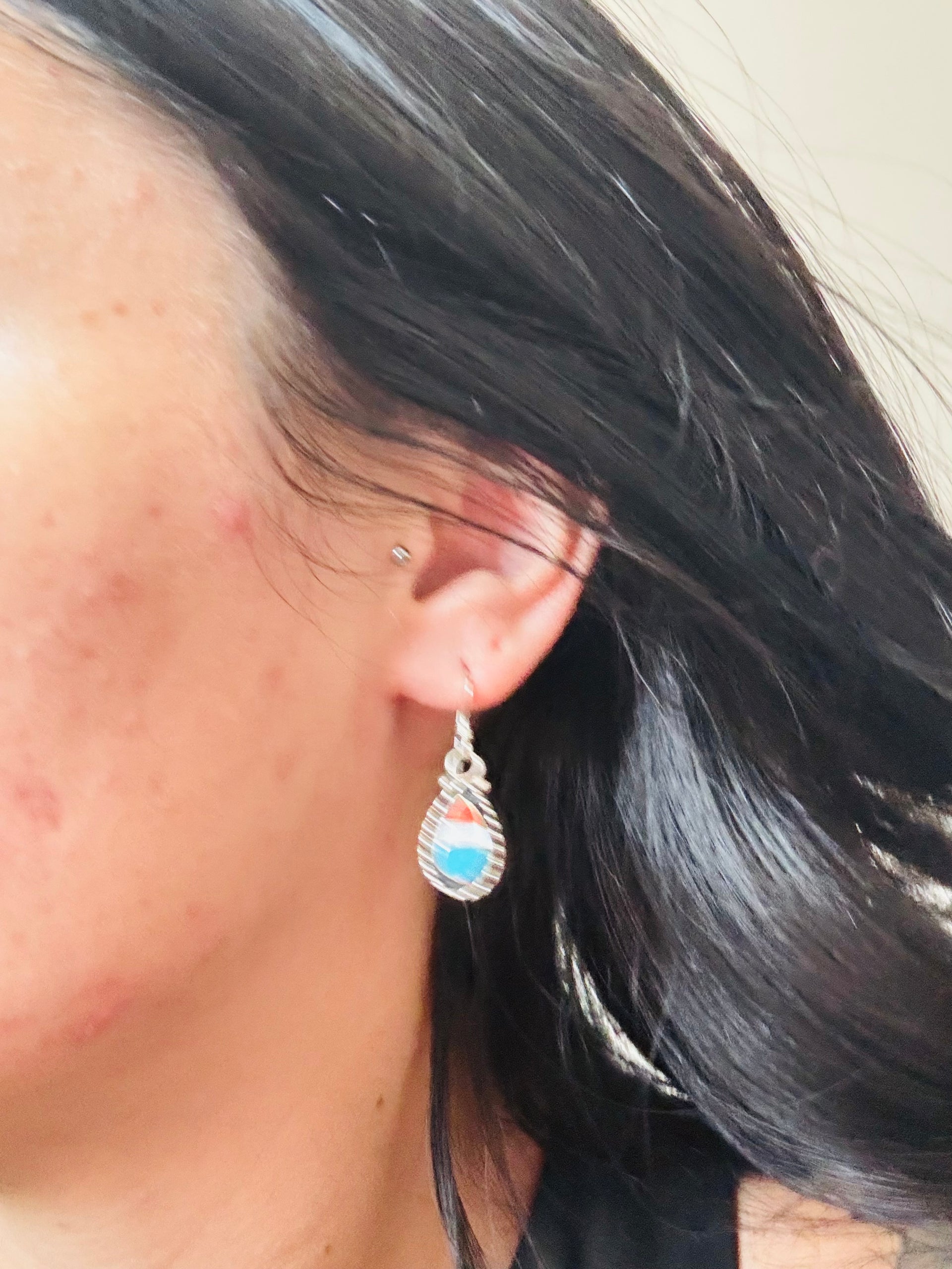 Zuni Made Multi Stone & Sterling Silver Dangle Inlay Shadowbox Earrings