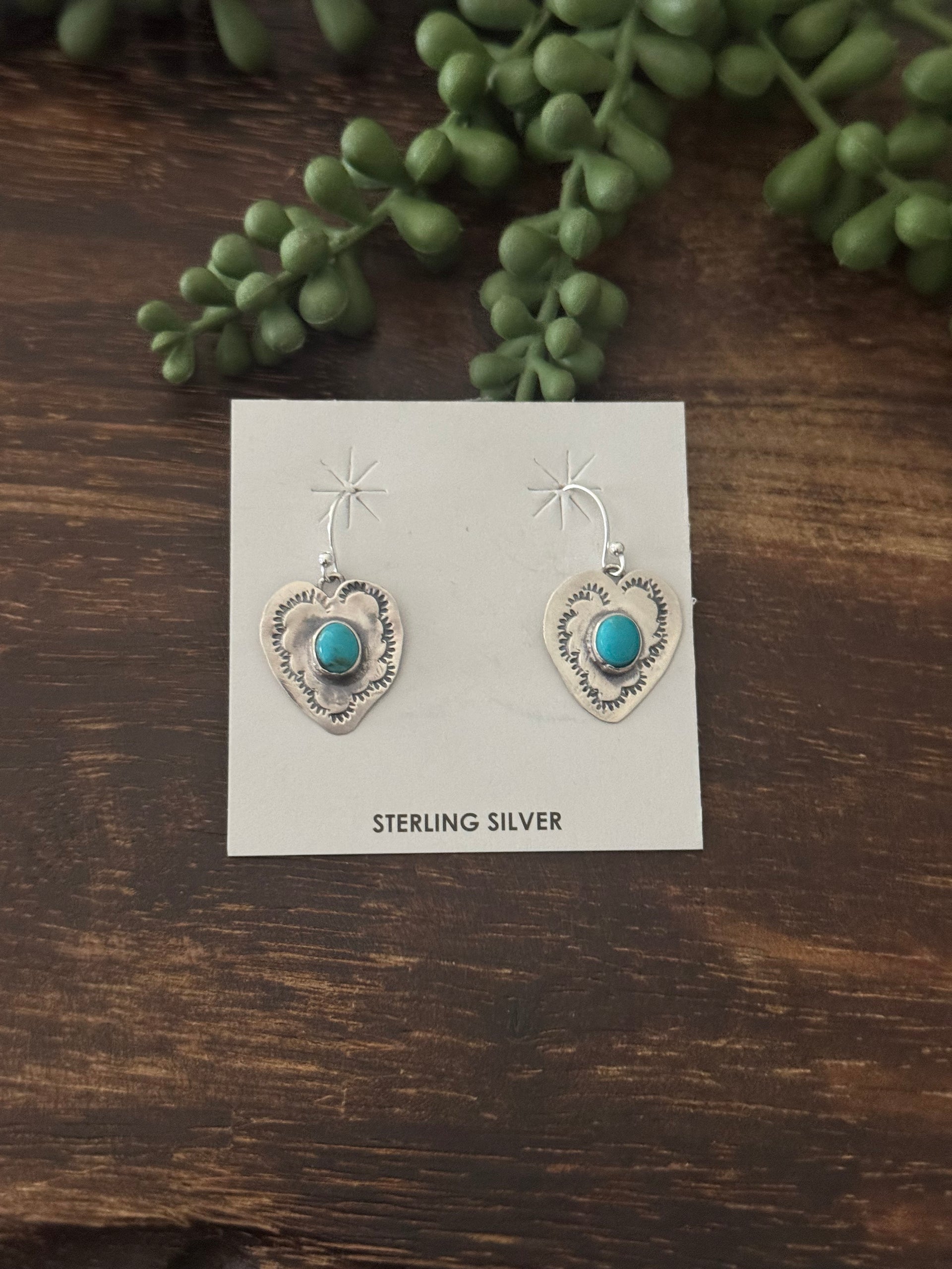 Navajo Made Kingman Turquoise & Sterling Silver Dangle Heart Earrings