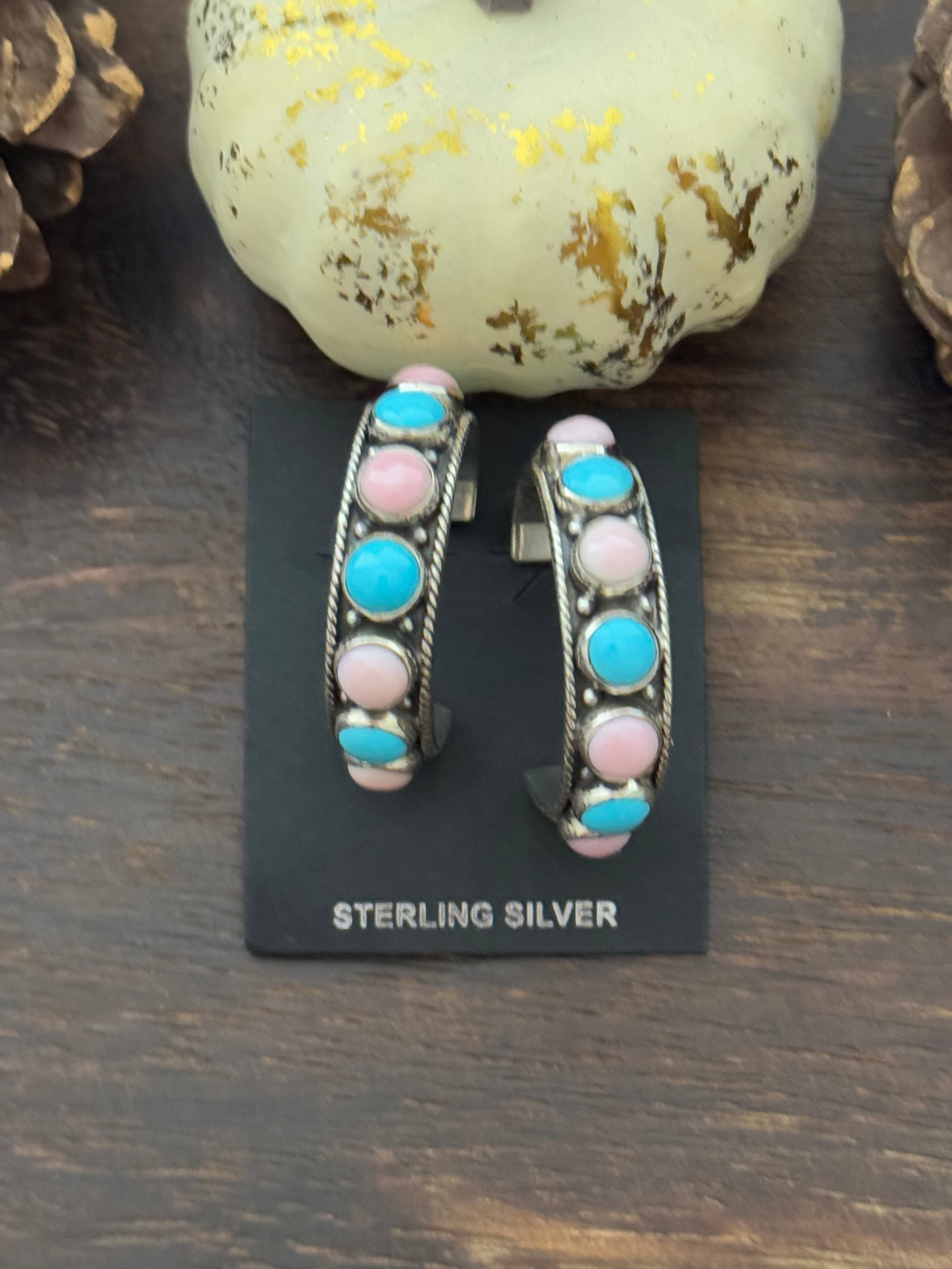 Navajo Made Multi Stone & Sterling Silver Hoop Earrings