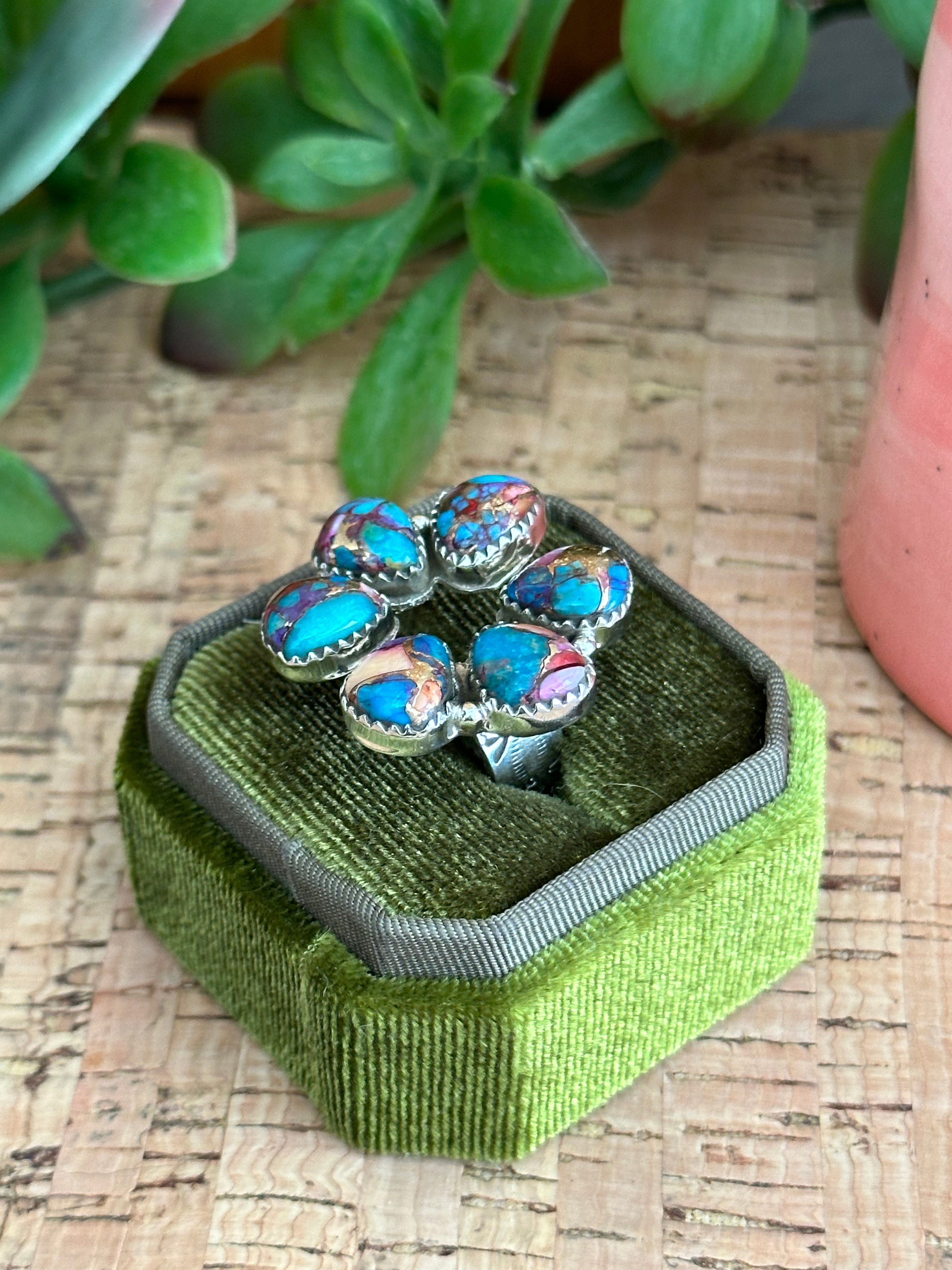 Southwest Handmade Mohave Turquoise & Sterling Silver Adjustable Cluster Ring