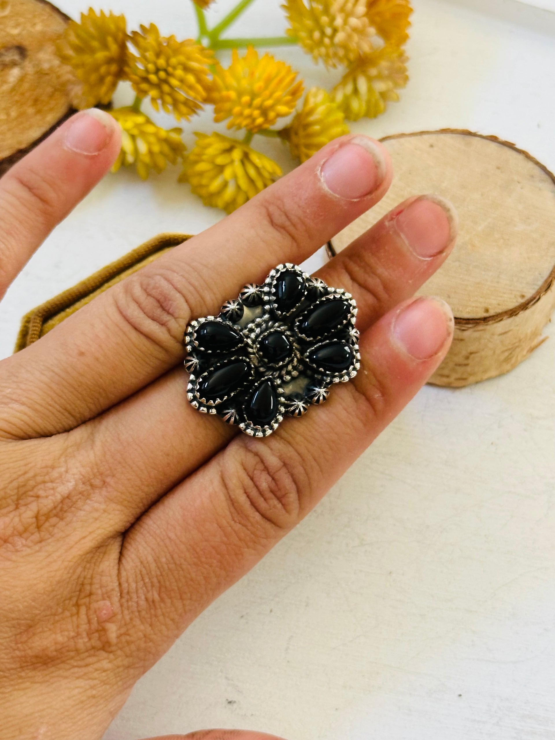 TTD “Sky Cascade” Onyx & Sterling Silver Adjustable Cluster Ring