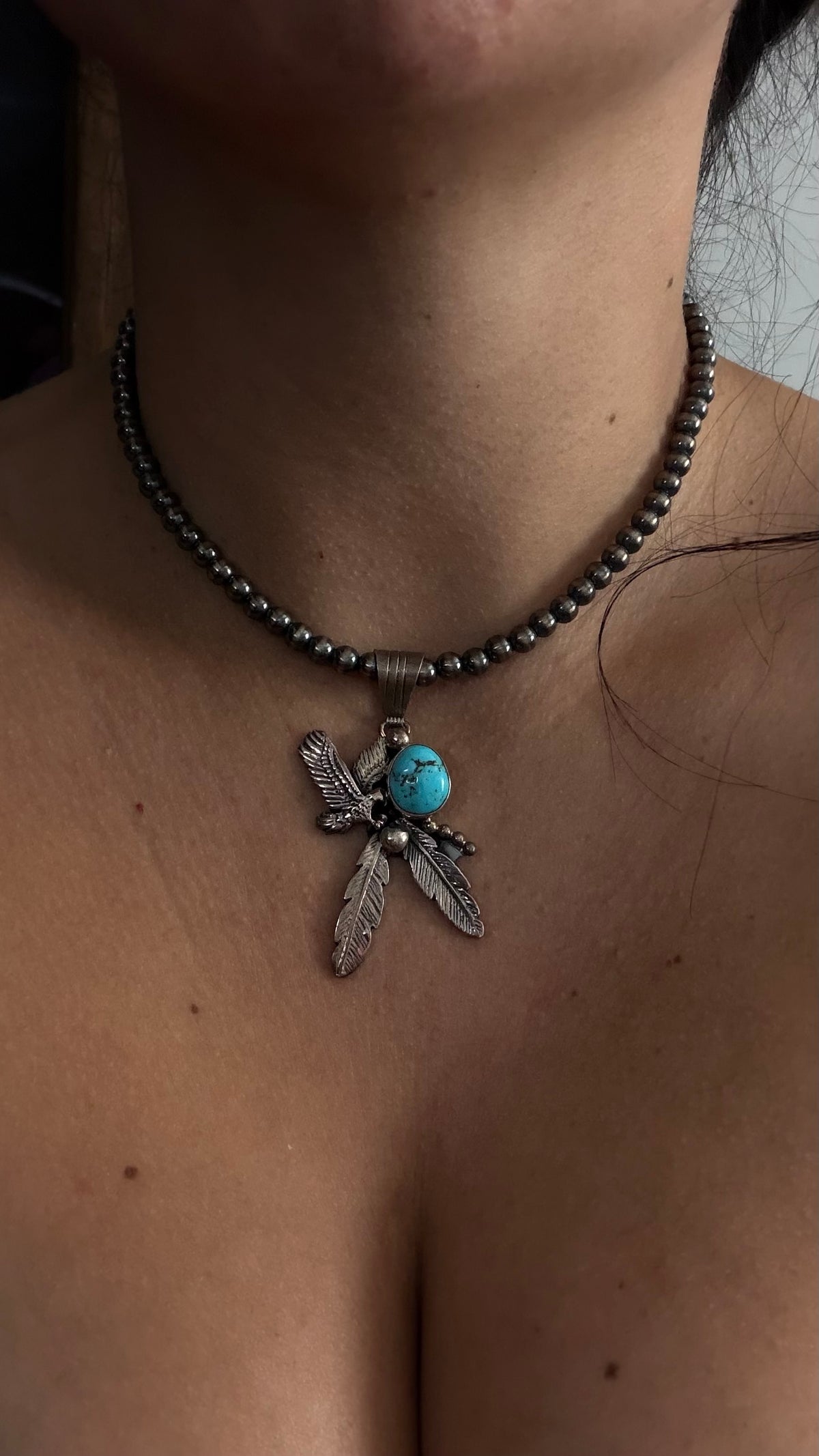 Navajo Made Kingman Turquoise & Sterling Silver Machine Made Pearl Necklace/Pendant