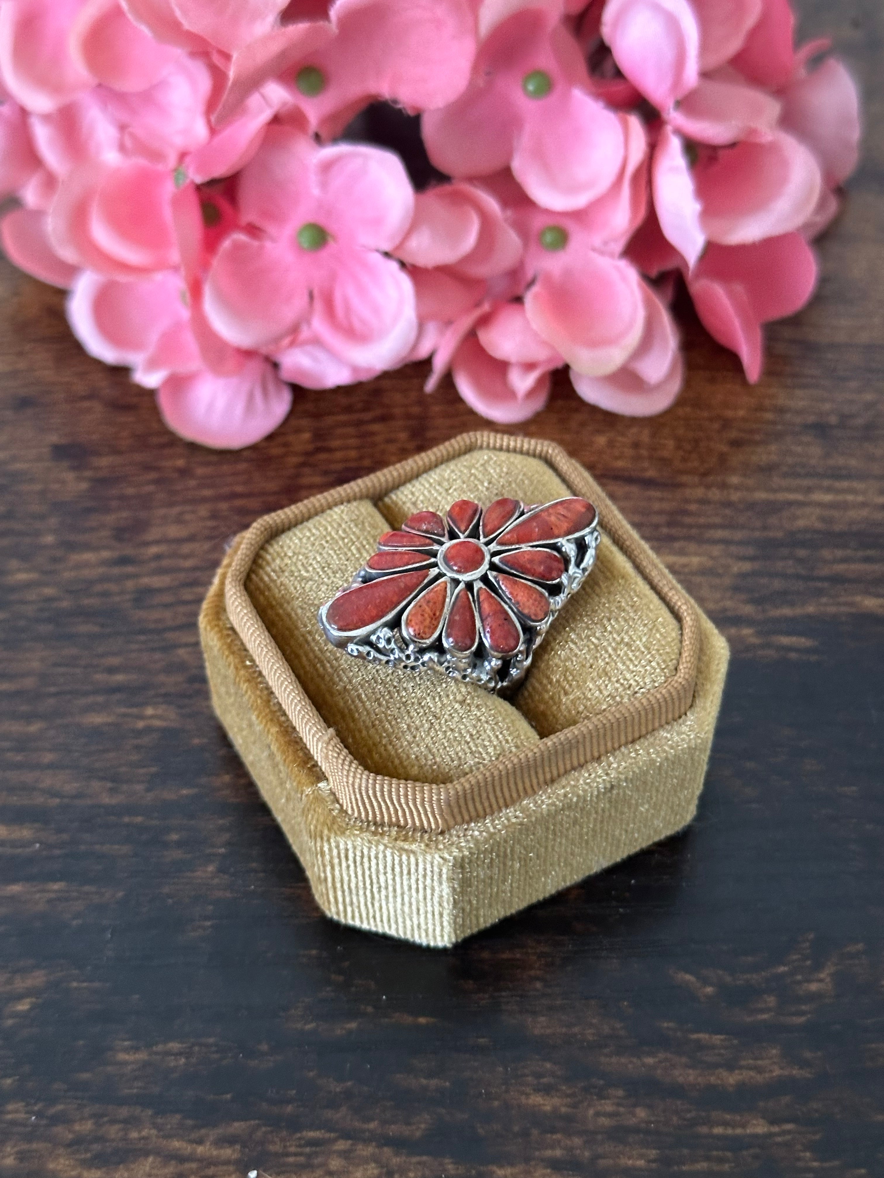 Southwest Handmade Red Coral & Sterling Silver Cluster Adjustable Ring