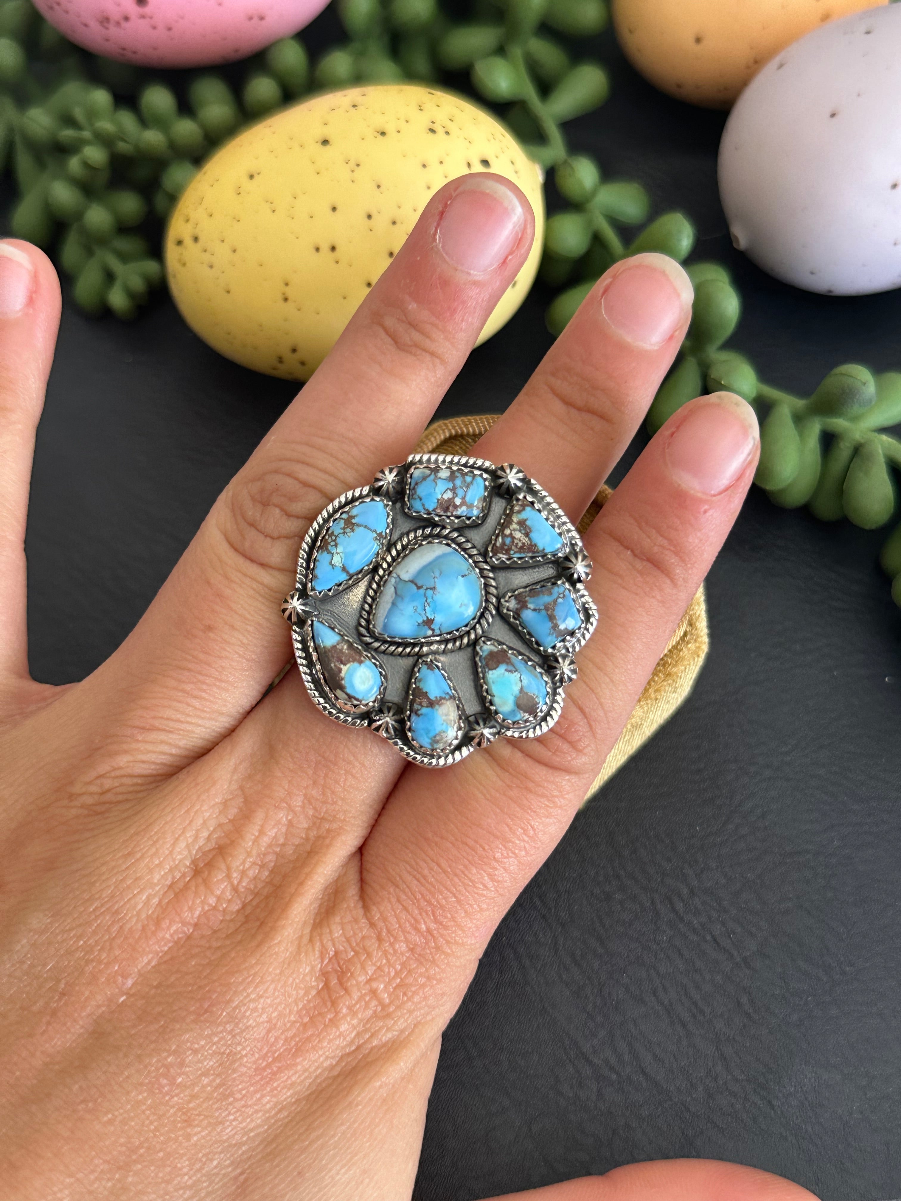 Southwest Handmade Golden Hills Turquoise & Sterling Silver Adjustable Cluster Ring