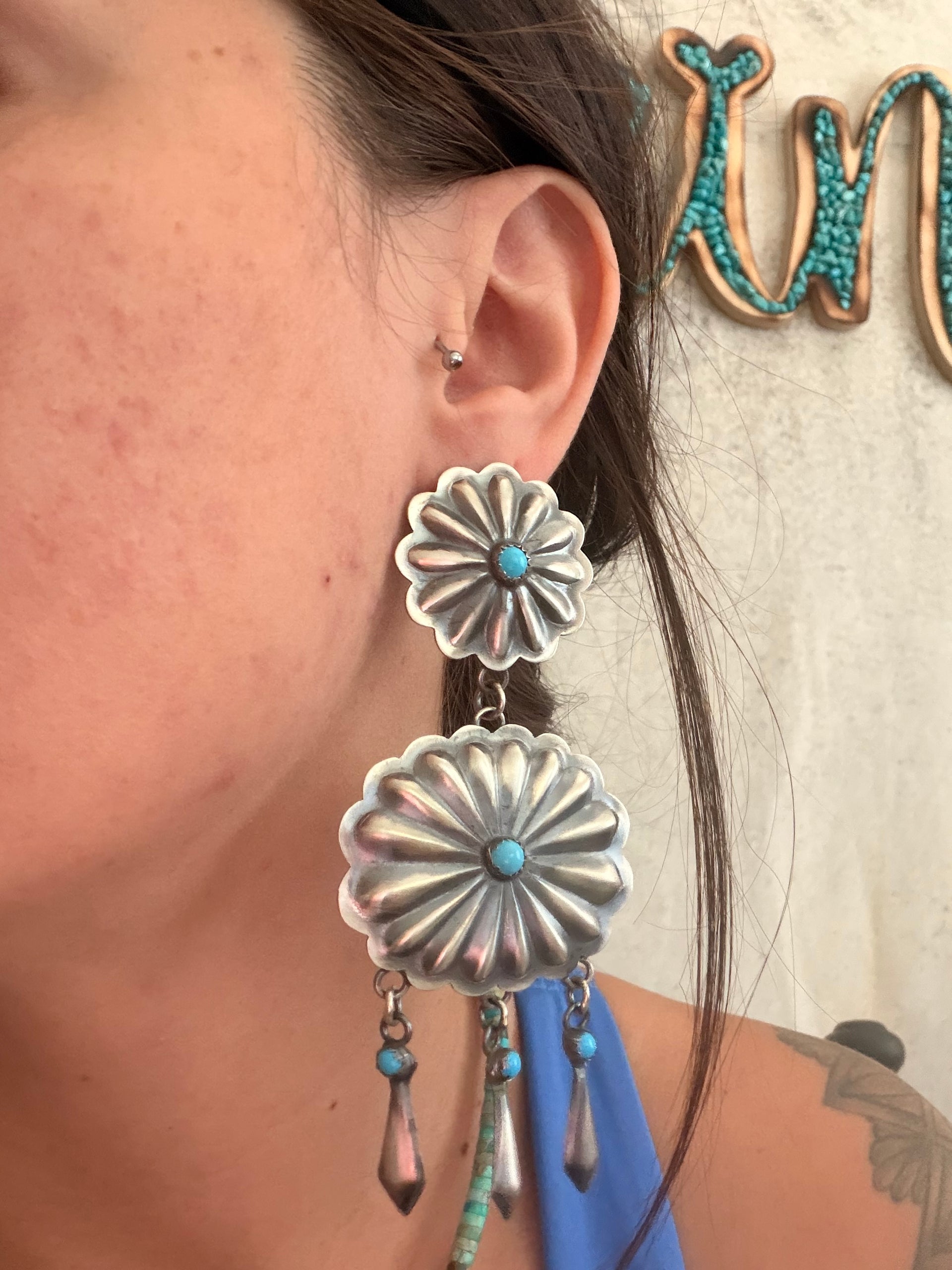 Navajo Made Kingman Turquoise & Sterling Silver Concho Post Dangle Earrings