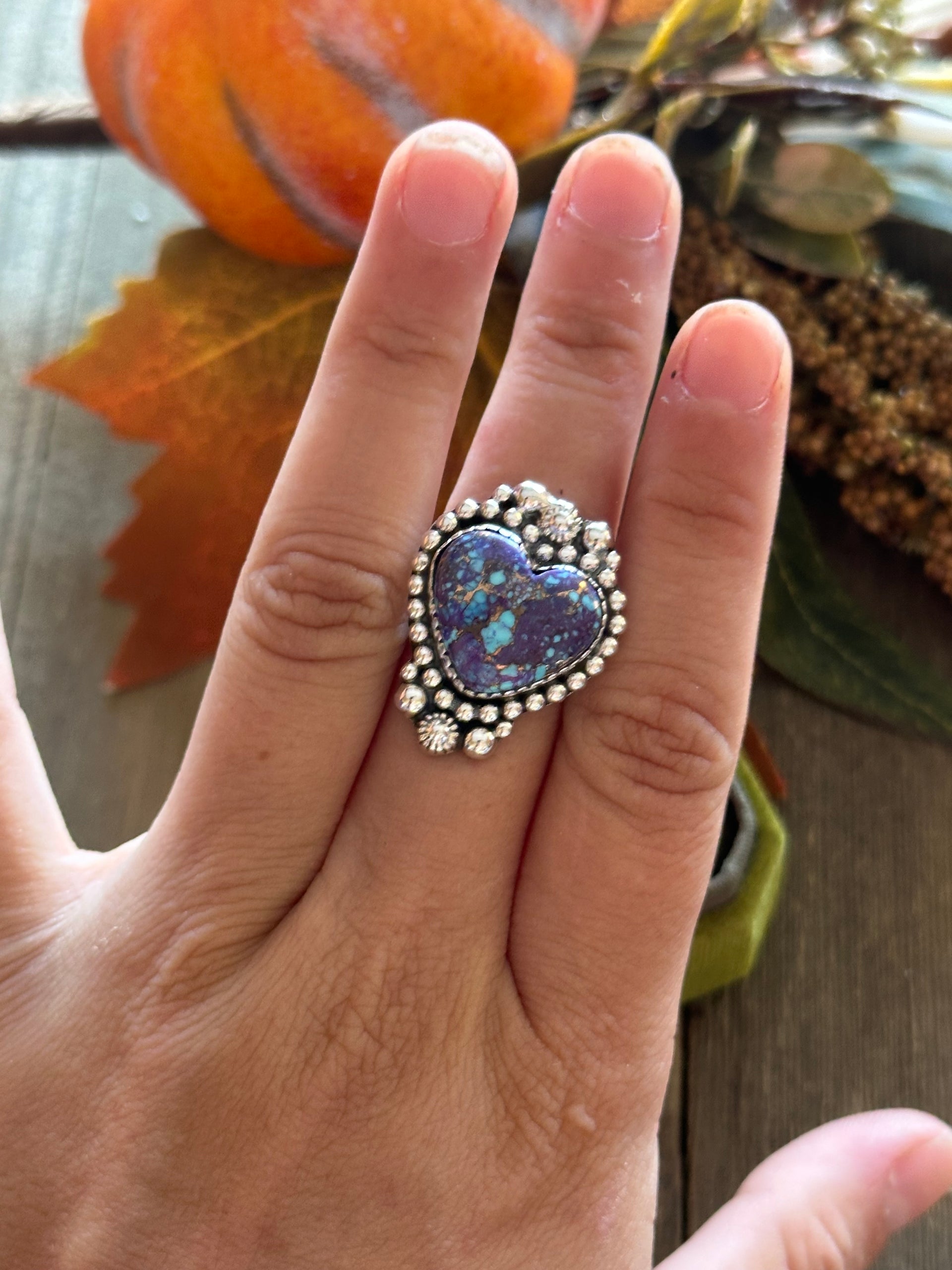 Southwest Handmade Mohave Turquoise & Sterling Silver Heart Ring Size 7.25