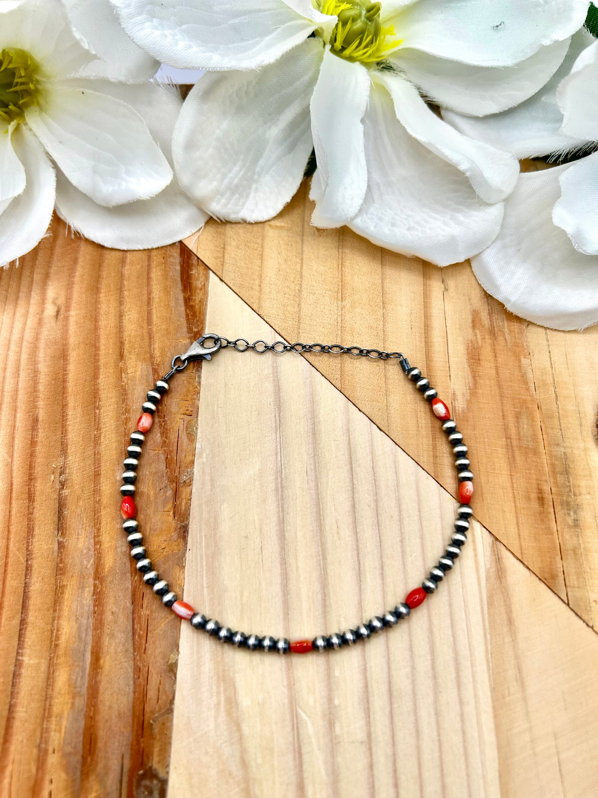 Navajo Made Spiny Oyster & Sterling Silver Strung Anklet