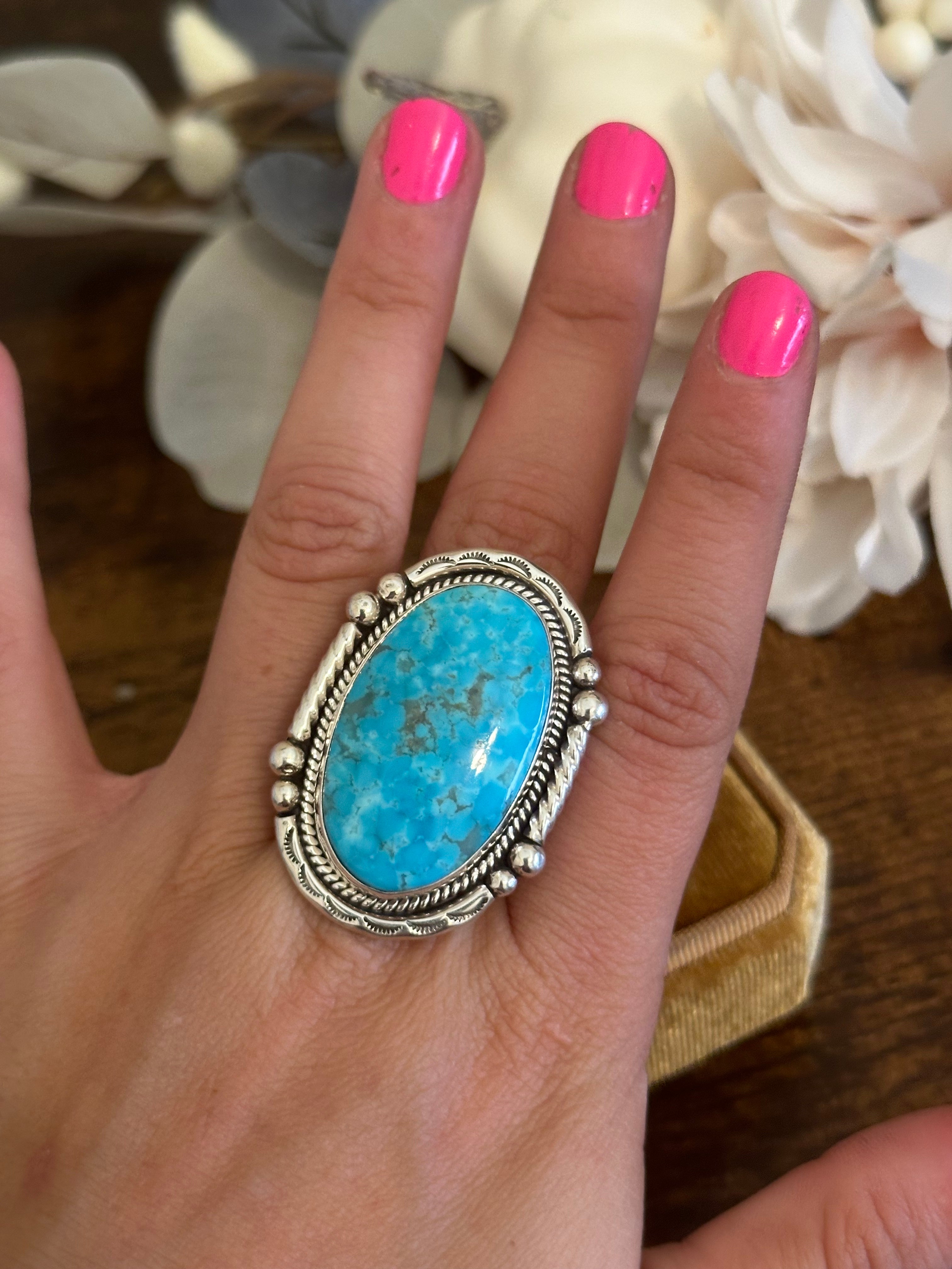 Navajo Made Kingman Turquoise & Sterling Silver Ring Size 9.5