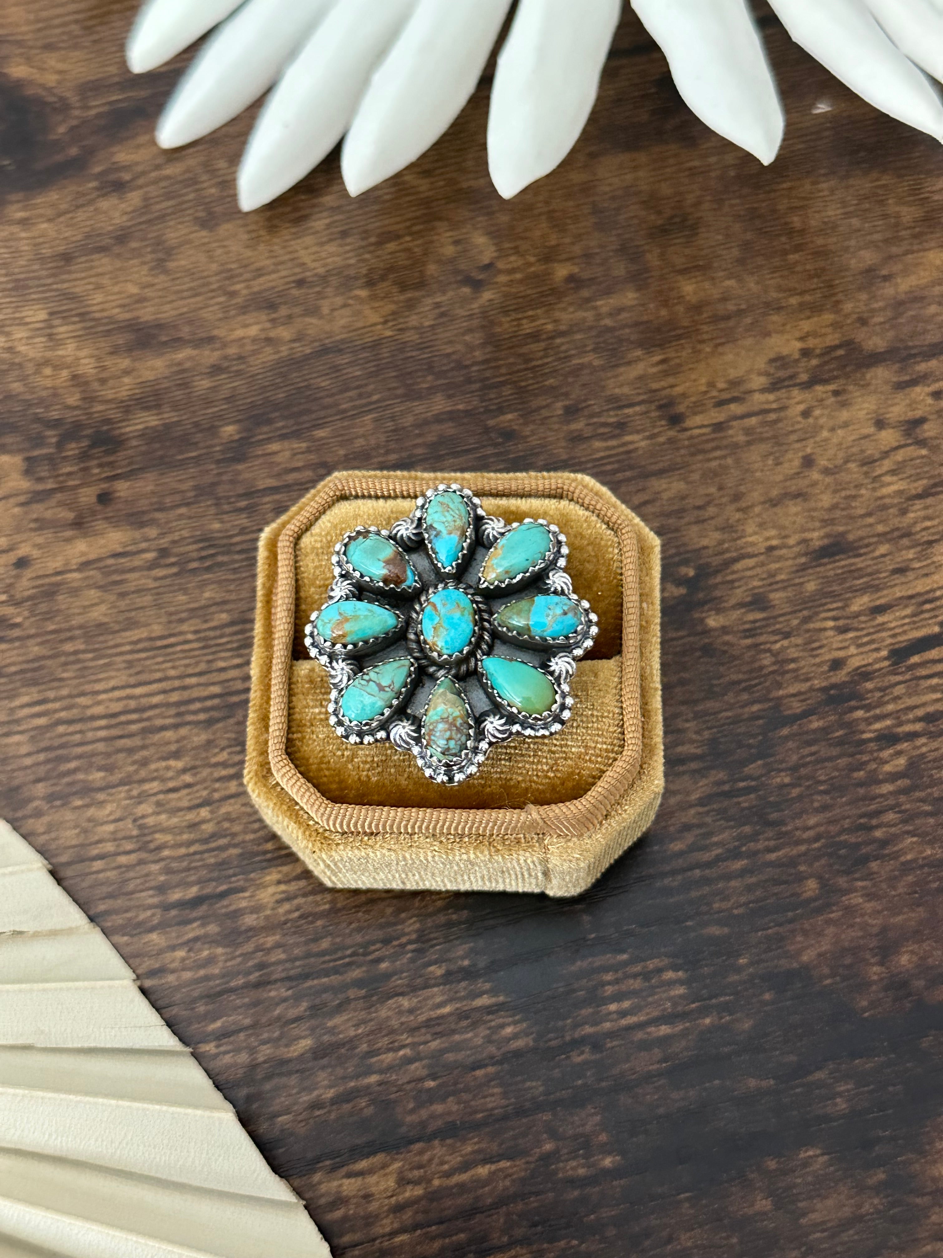 Southwest Handmade Kingman Turquoise & Sterling Silver Adjustable Cluster Ring