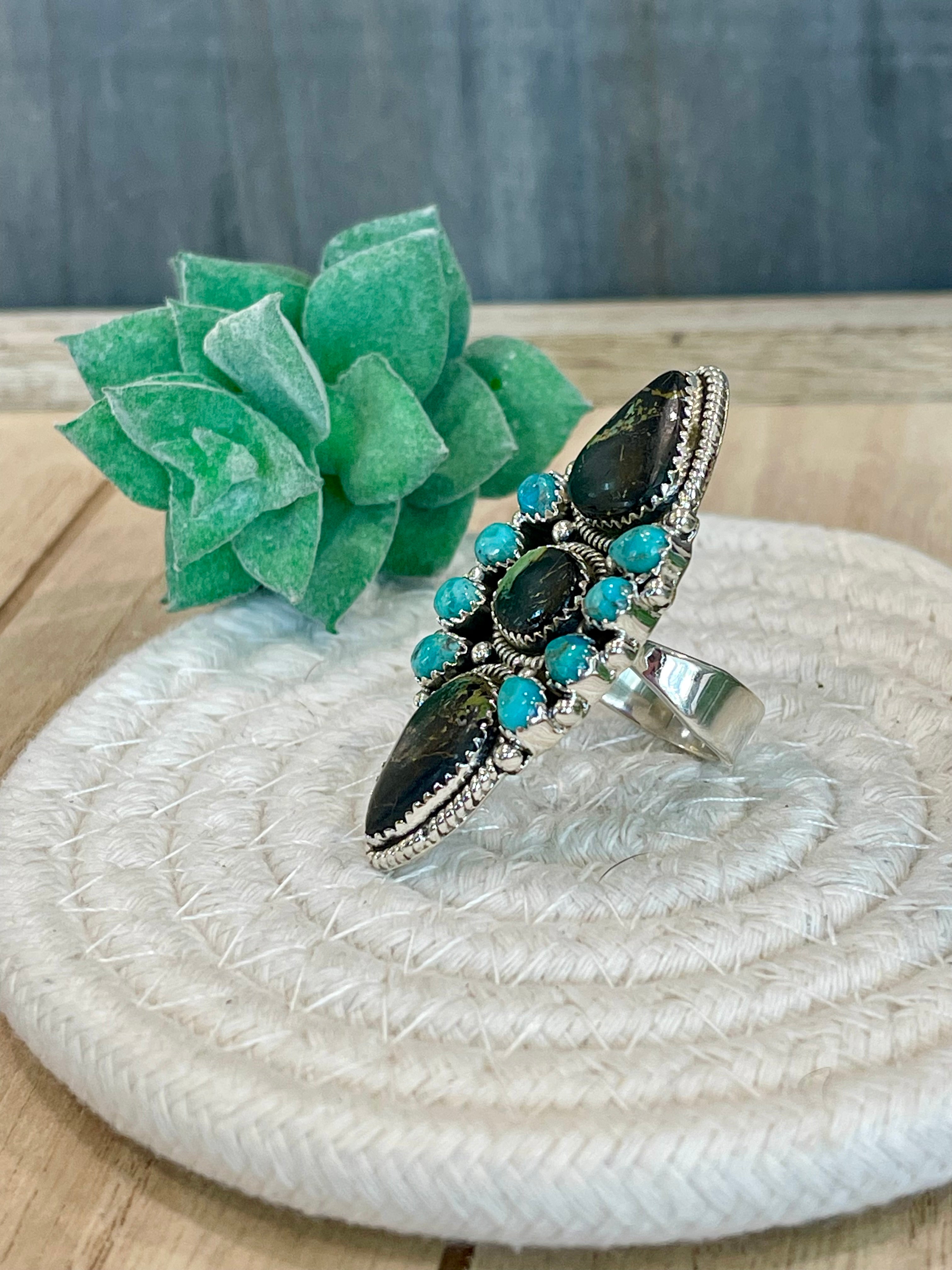 Southwest Handmade BlackJack Turquoise And Kingman Turquoise & Sterling Silver Adjustable Ring