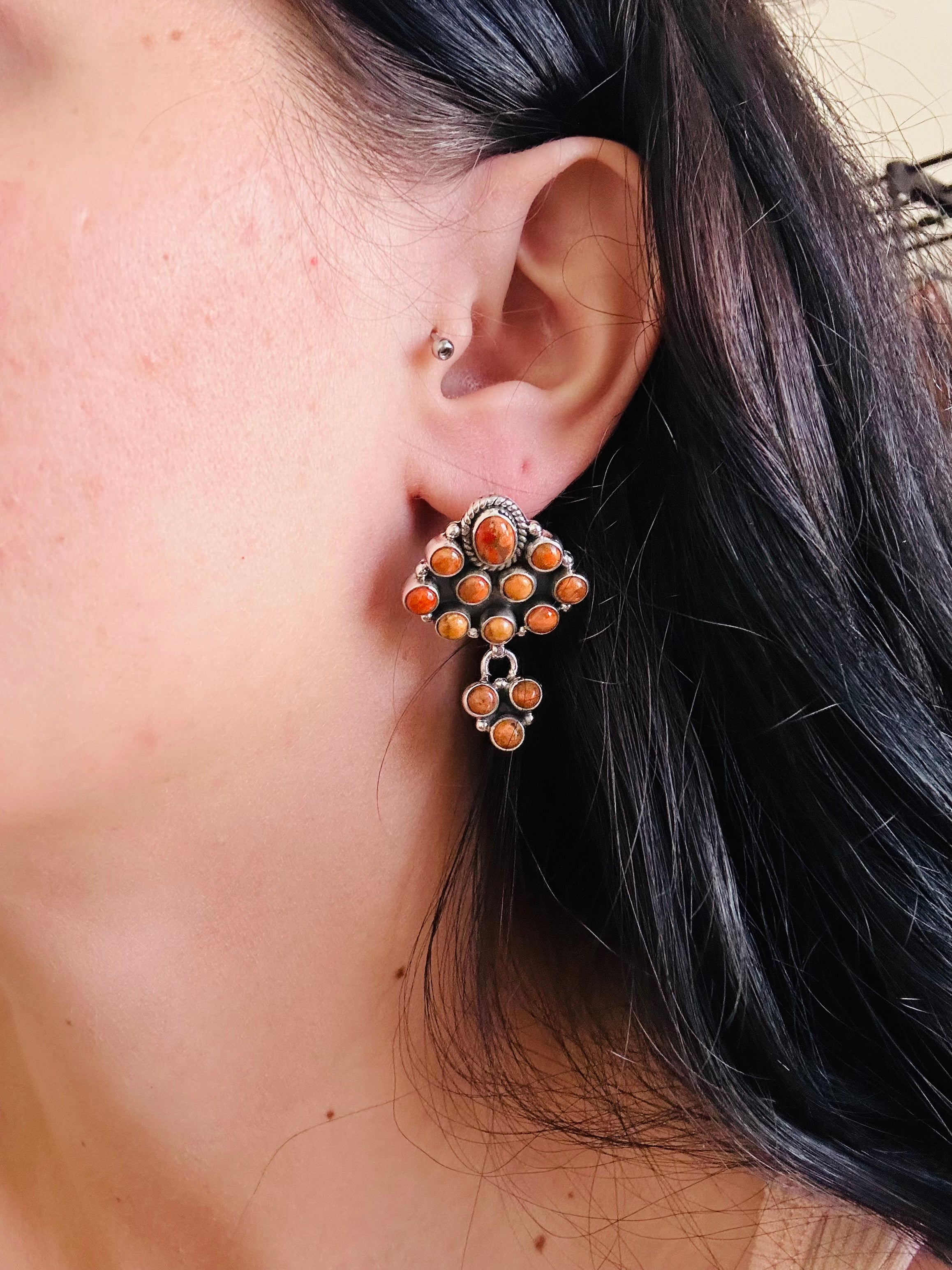 Southwest Handmade Apple Coral & Sterling Silver Post Dangle Earrings