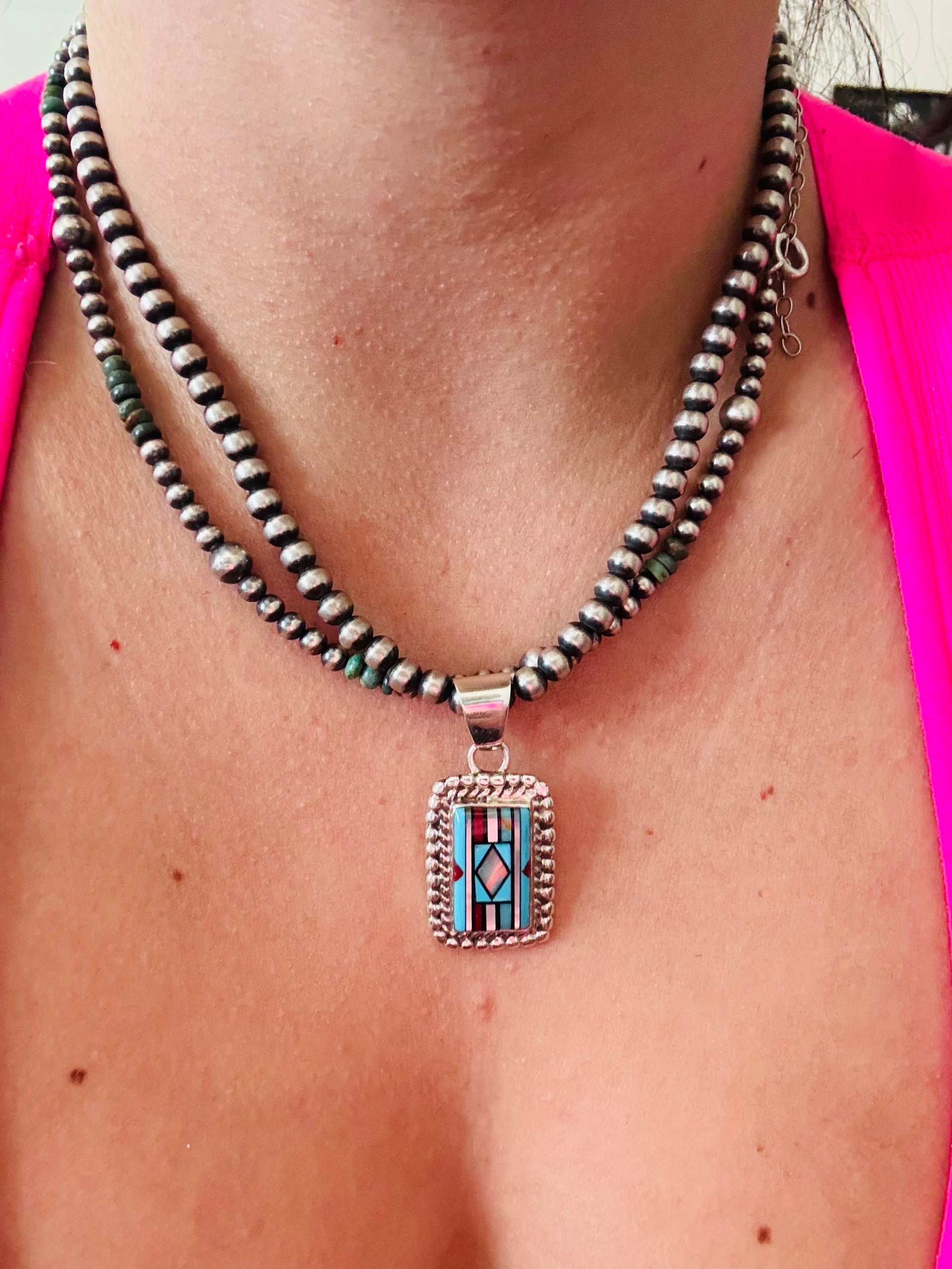 Southwest Multi Stone & Sterling Silver Cobblestone Pendant