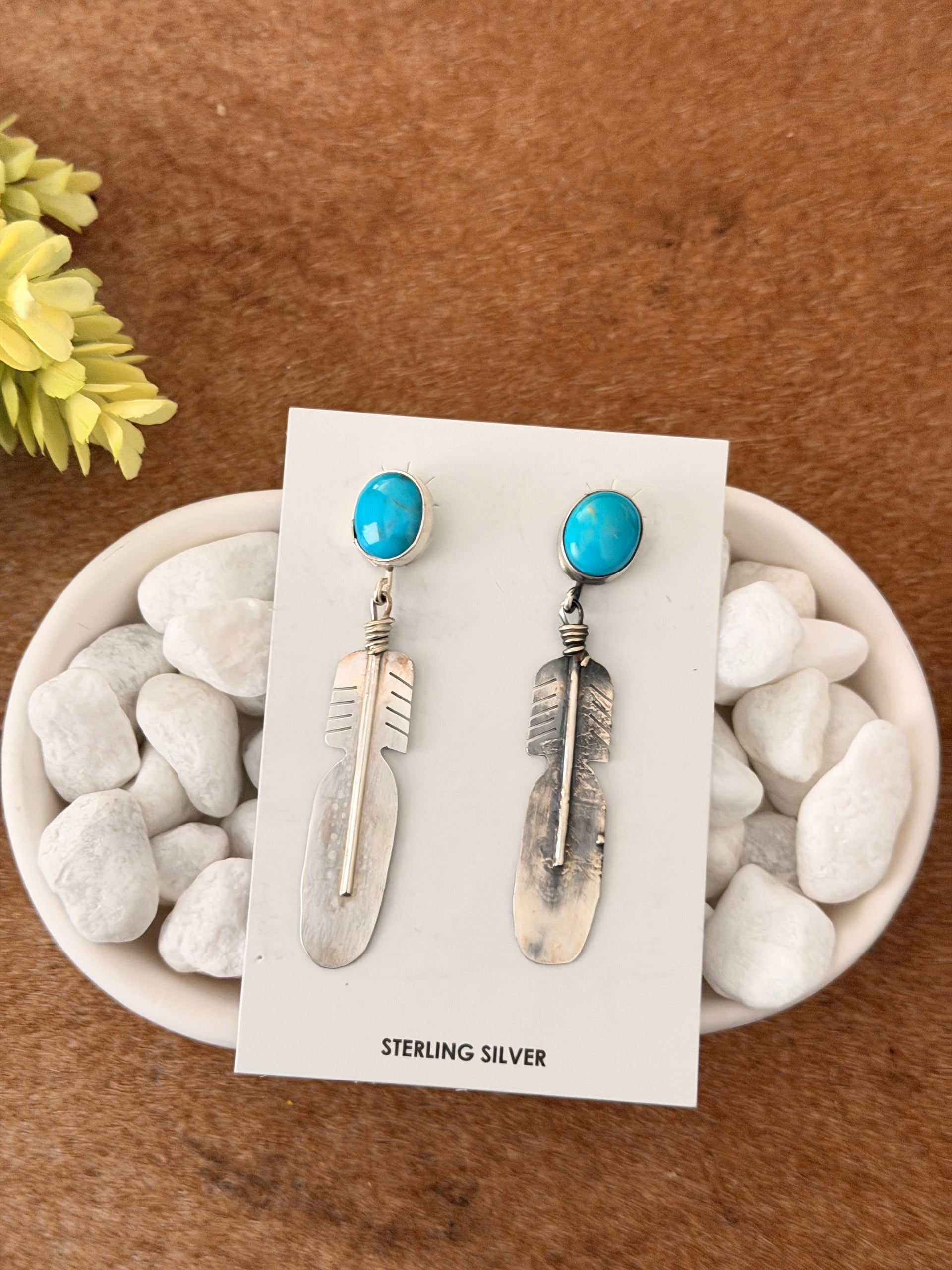 Kobe Martinez Kingman Turquoise & Sterling Silver Post Dangle Feather Earrings