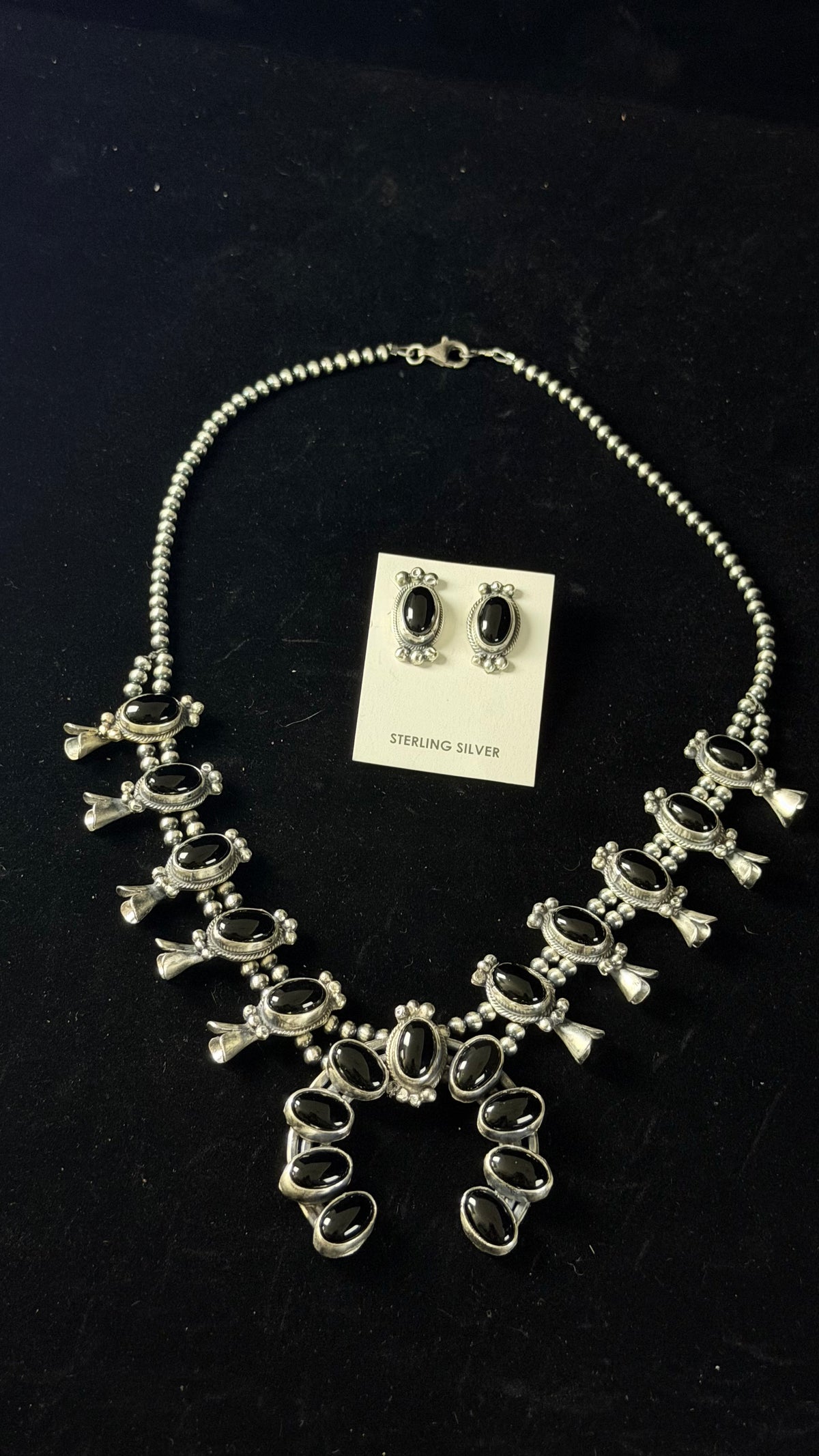 Lydia Begay Onyx & Sterling Silver Squash Blossom Necklace Set
