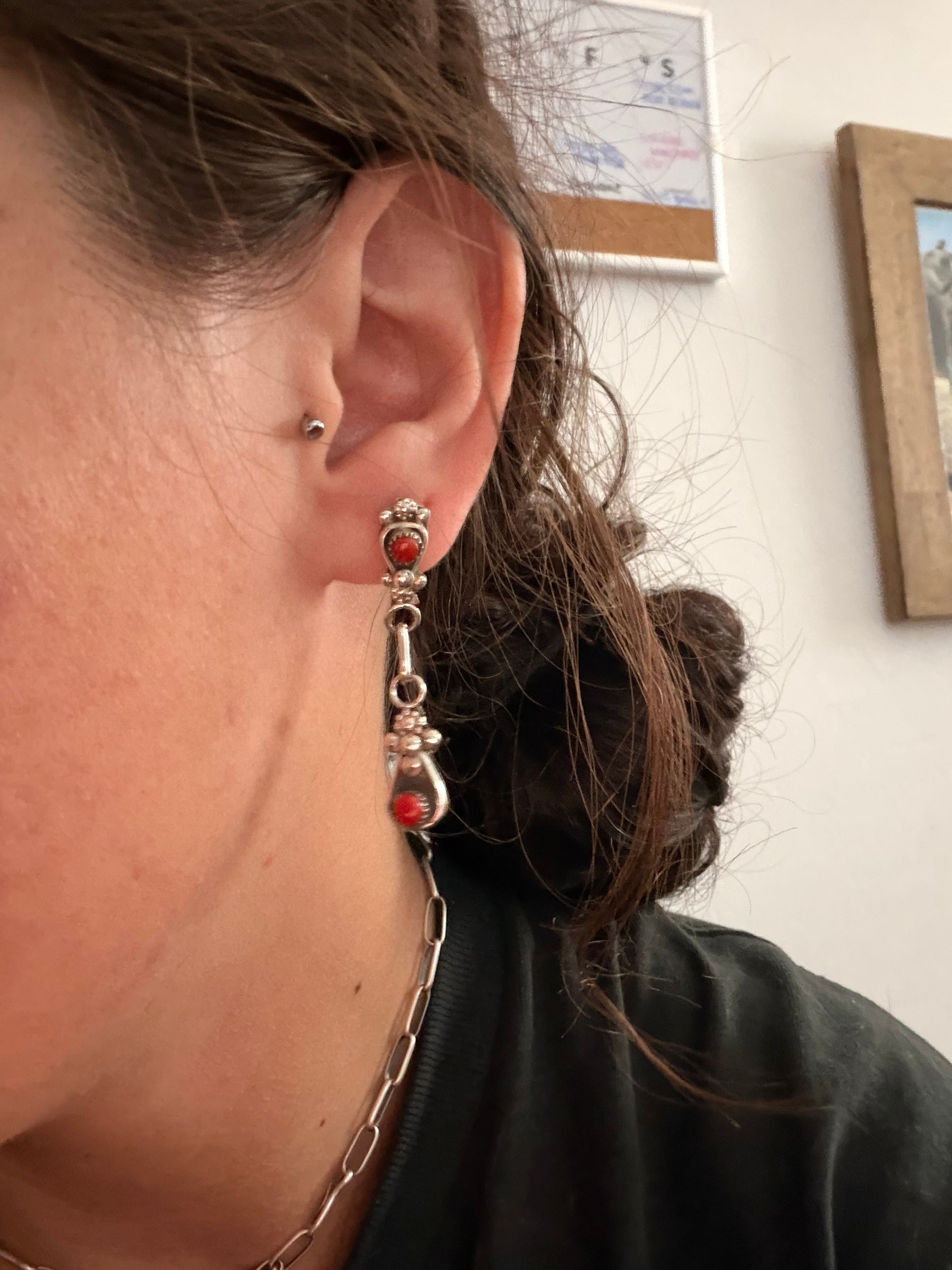 Zuni Made Red Coral & Sterling Silver Post Dangle Earrings