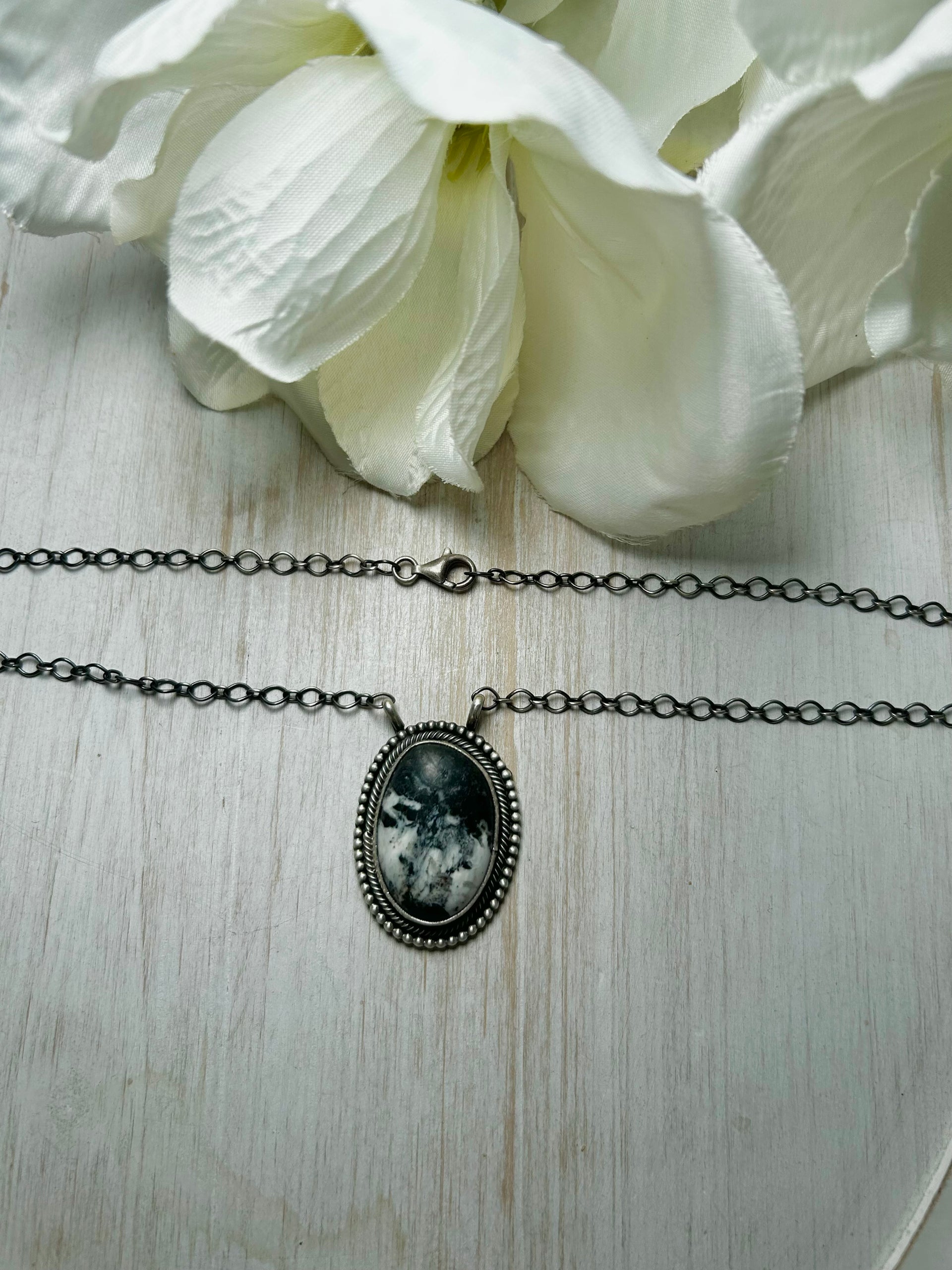 Navajo Made White Buffalo & Sterling Silver Necklace