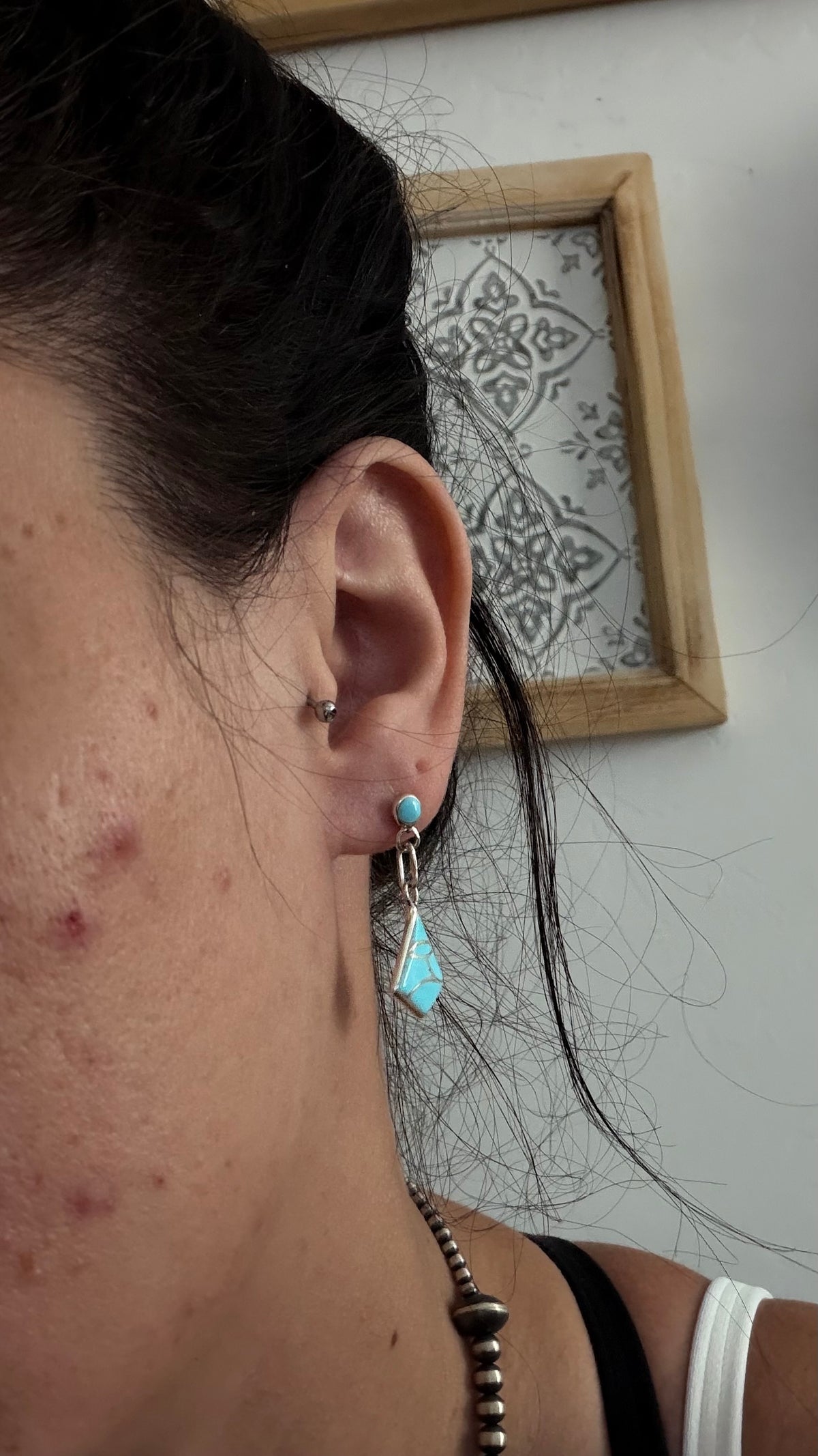 Zuni Made Turquoise & Sterling Silver Post Dangle Inlay Earrings