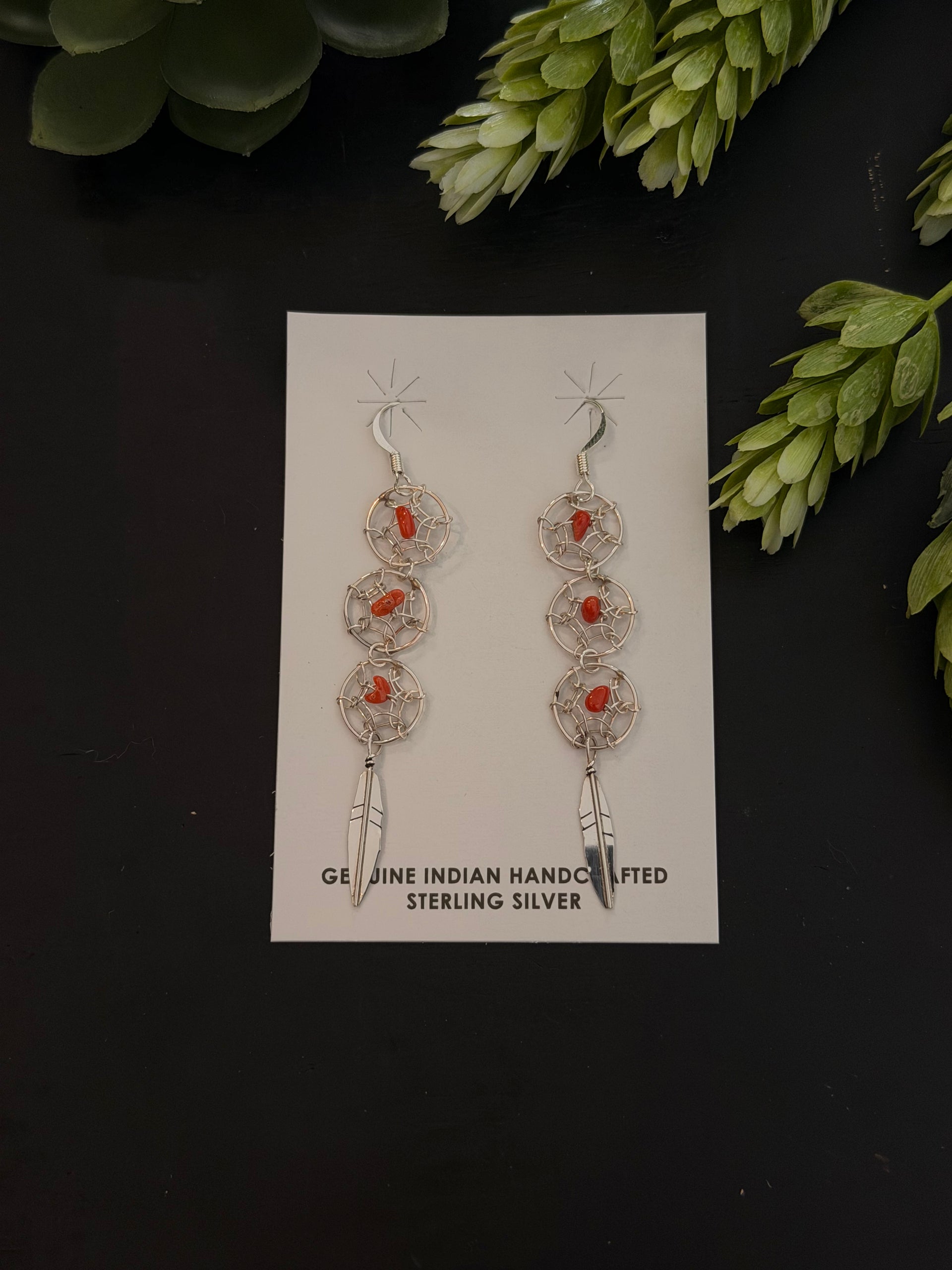 Navajo Made Red Coral & Sterling Silver Dangle Dream Catcher Earrings