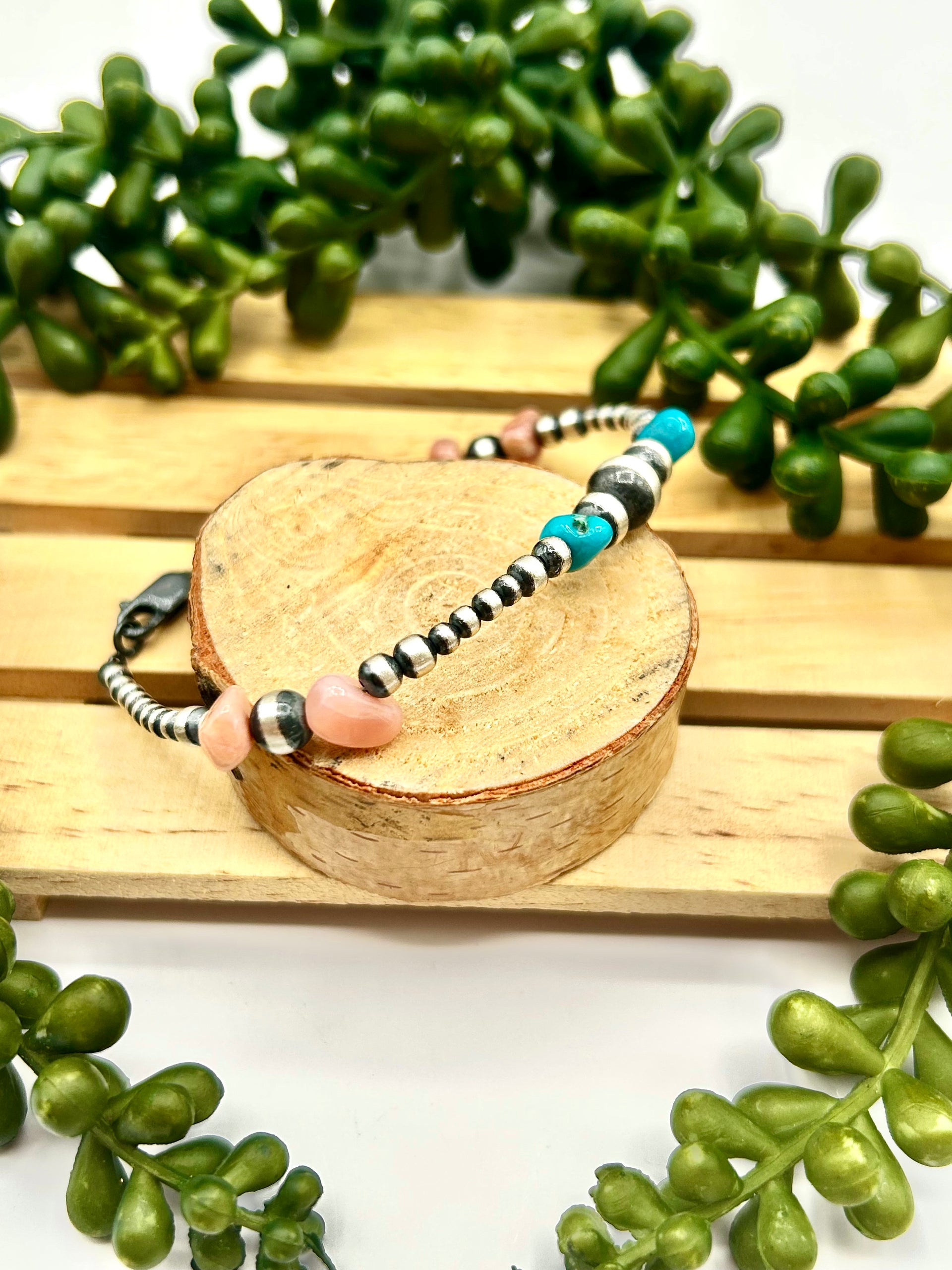 Navajo Made Strung Multi Stone & Sterling Silver Link Bracelet