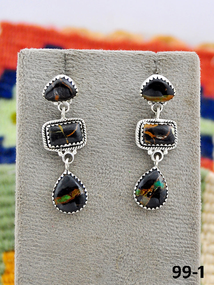 Southwest Made Black Jack Turquoise & Sterling Silver Post Dangle Earrings