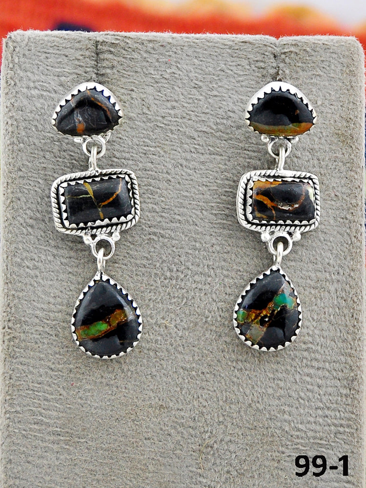 Southwest Made Black Jack Turquoise & Sterling Silver Post Dangle Earrings