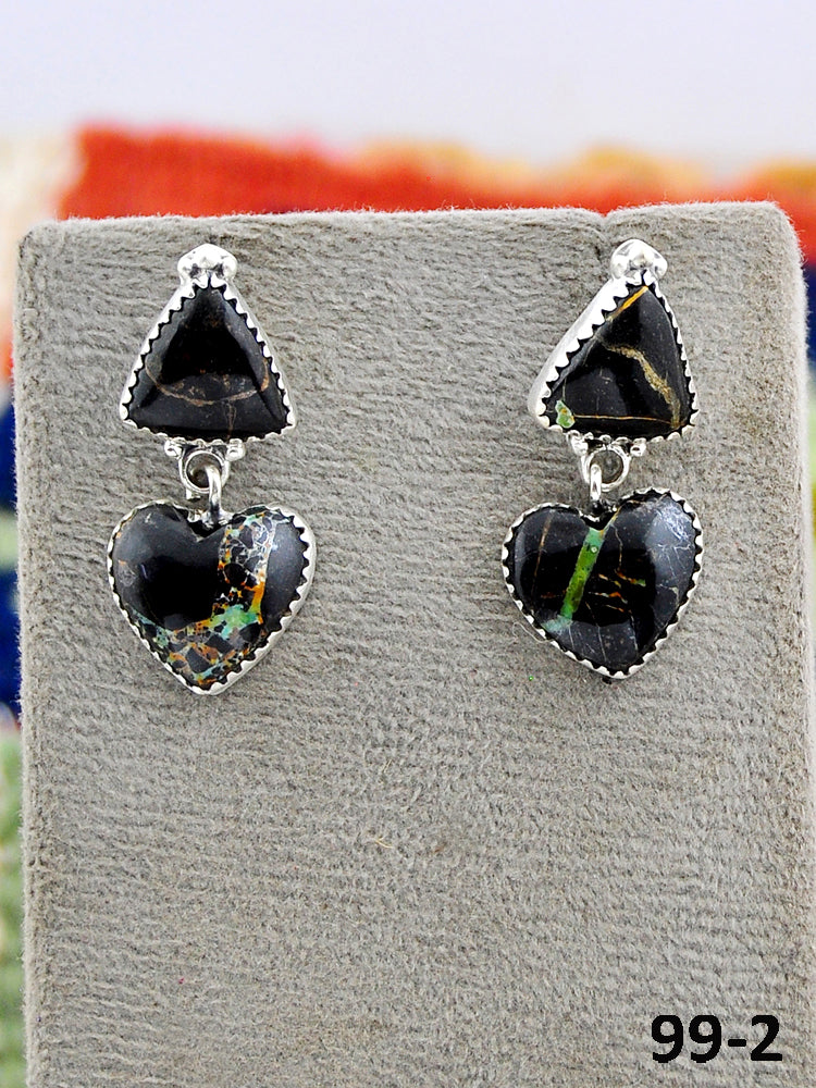 Southwest Made Black Jack Turquoise & Sterling Silver Post Dangle Earrings