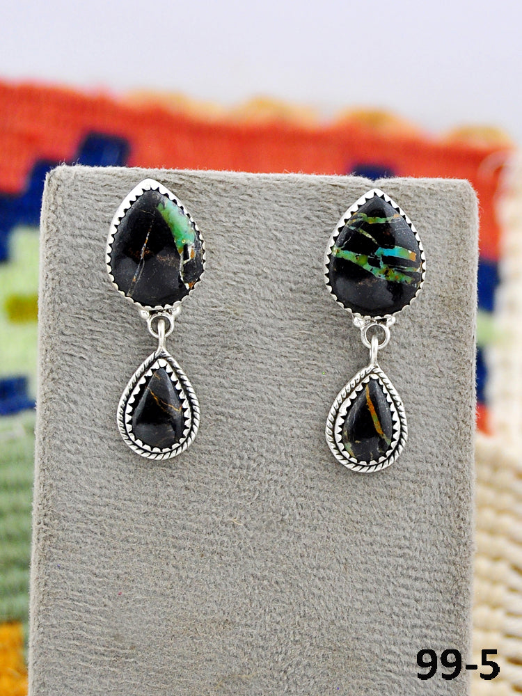 Southwest Made Black Jack Turquoise & Sterling Silver Post Dangle Earrings