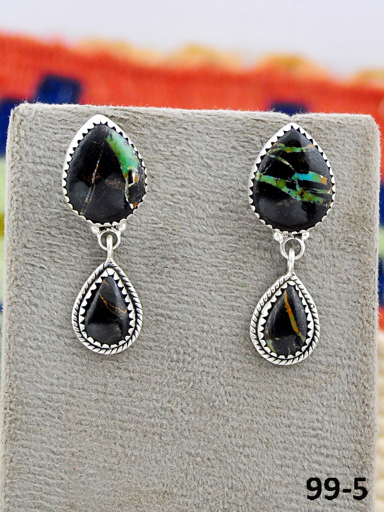 Southwest Made Black Jack Turquoise & Sterling Silver Post Dangle Earrings